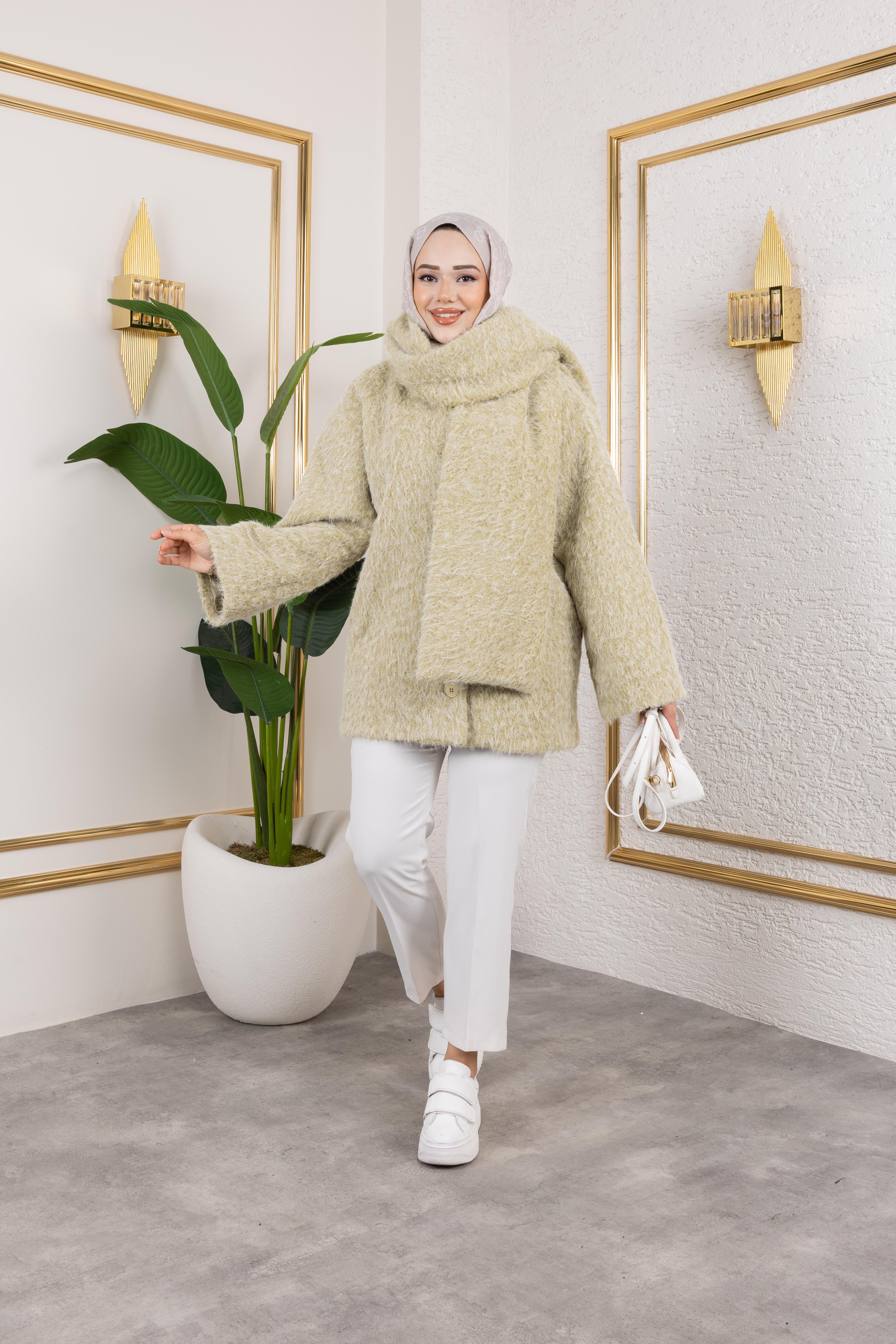 Mint Yeşili Atkılı Kaban