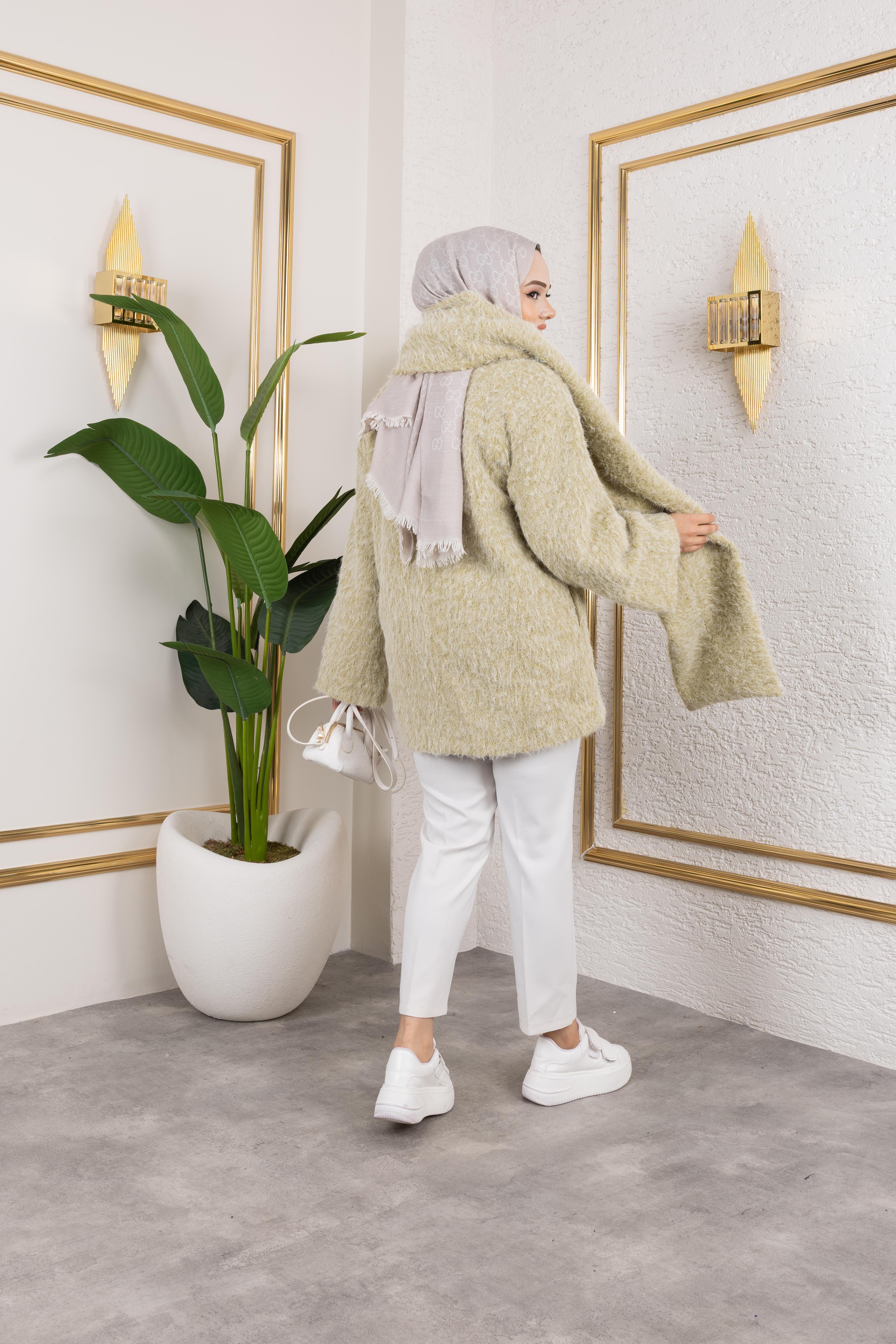 Mint Yeşili Atkılı Kaban