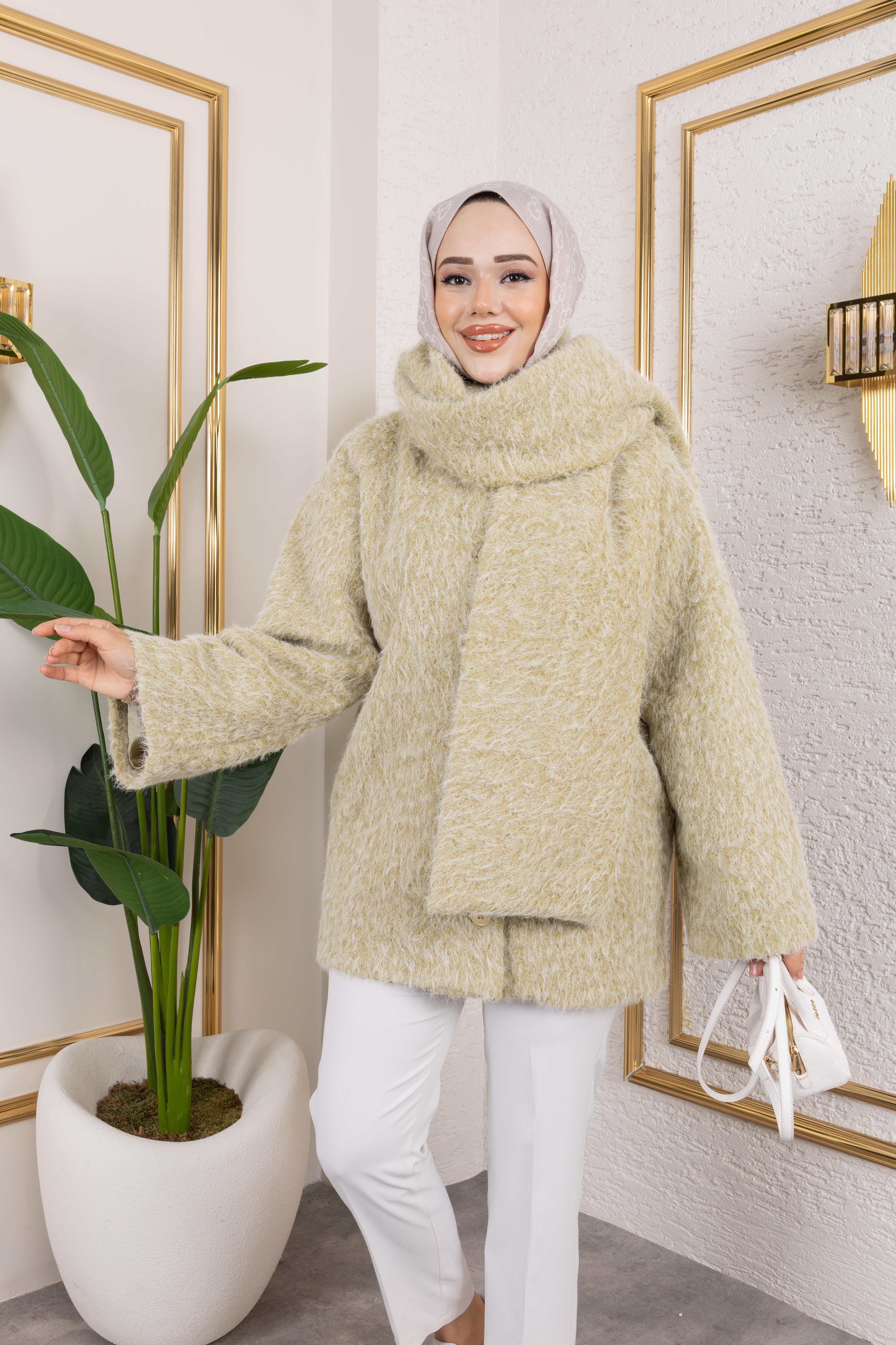 Mint Yeşili Atkılı Kaban