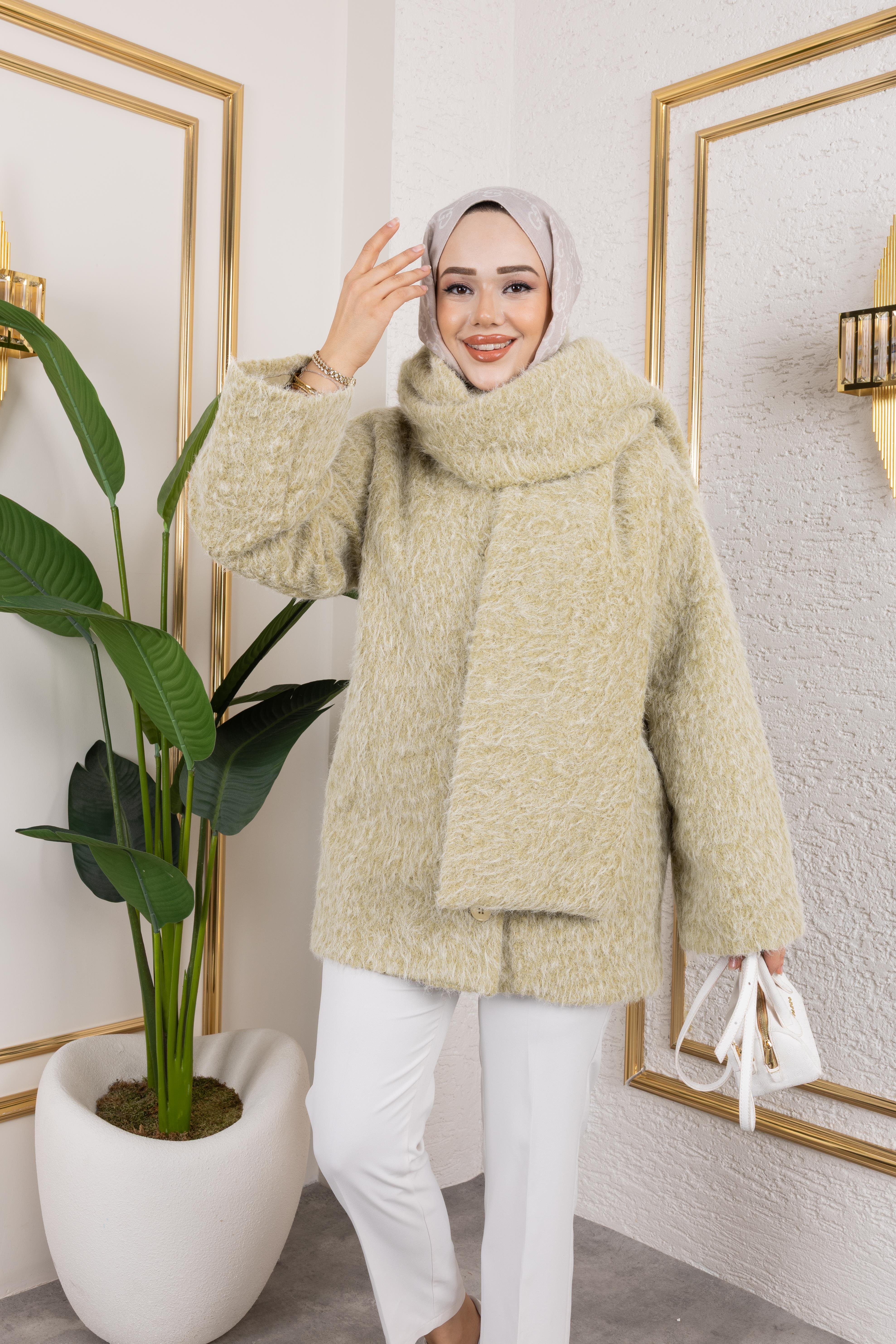 Mint Yeşili Atkılı Kaban