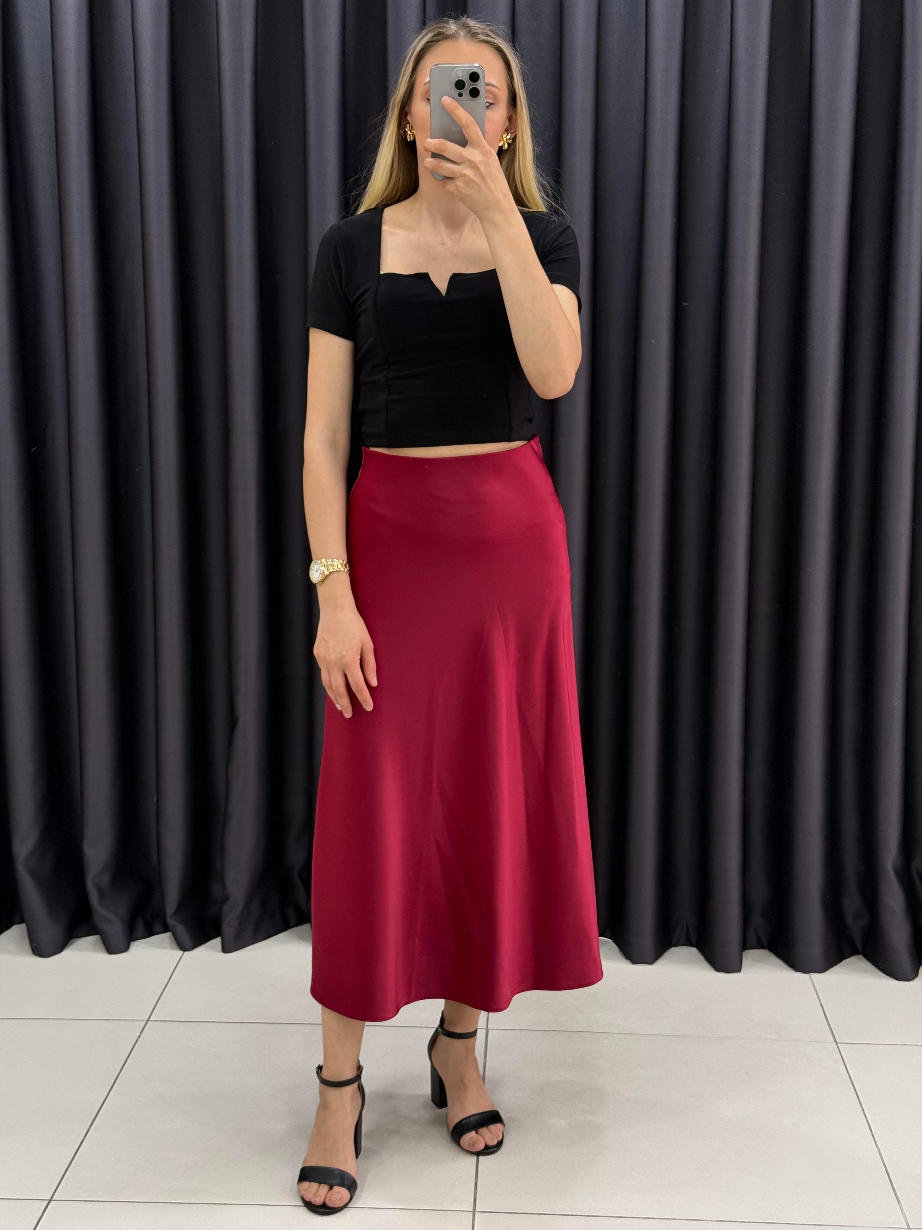 Saten Bordo Etek