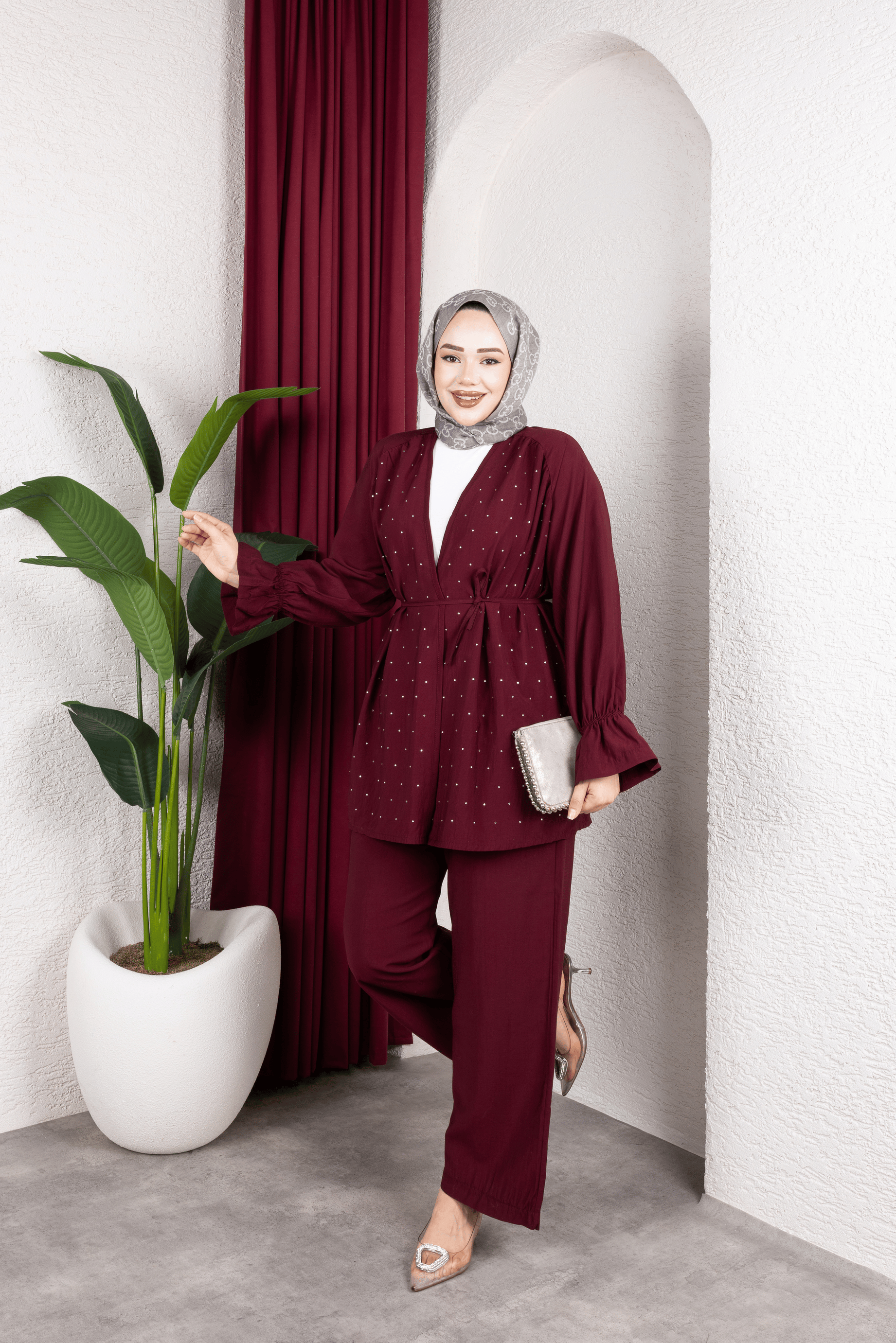 Taşlı Tensel Takım | Bordo