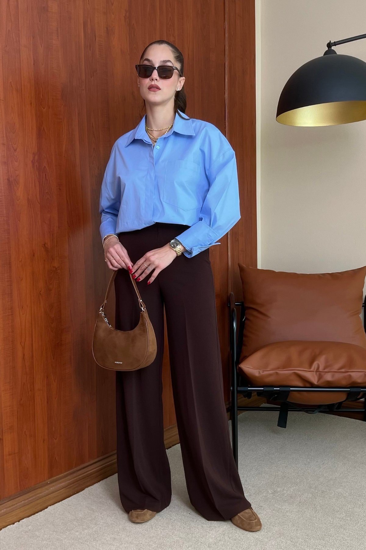 Acı Kahve Full Likralı Bol Paça Pantolon