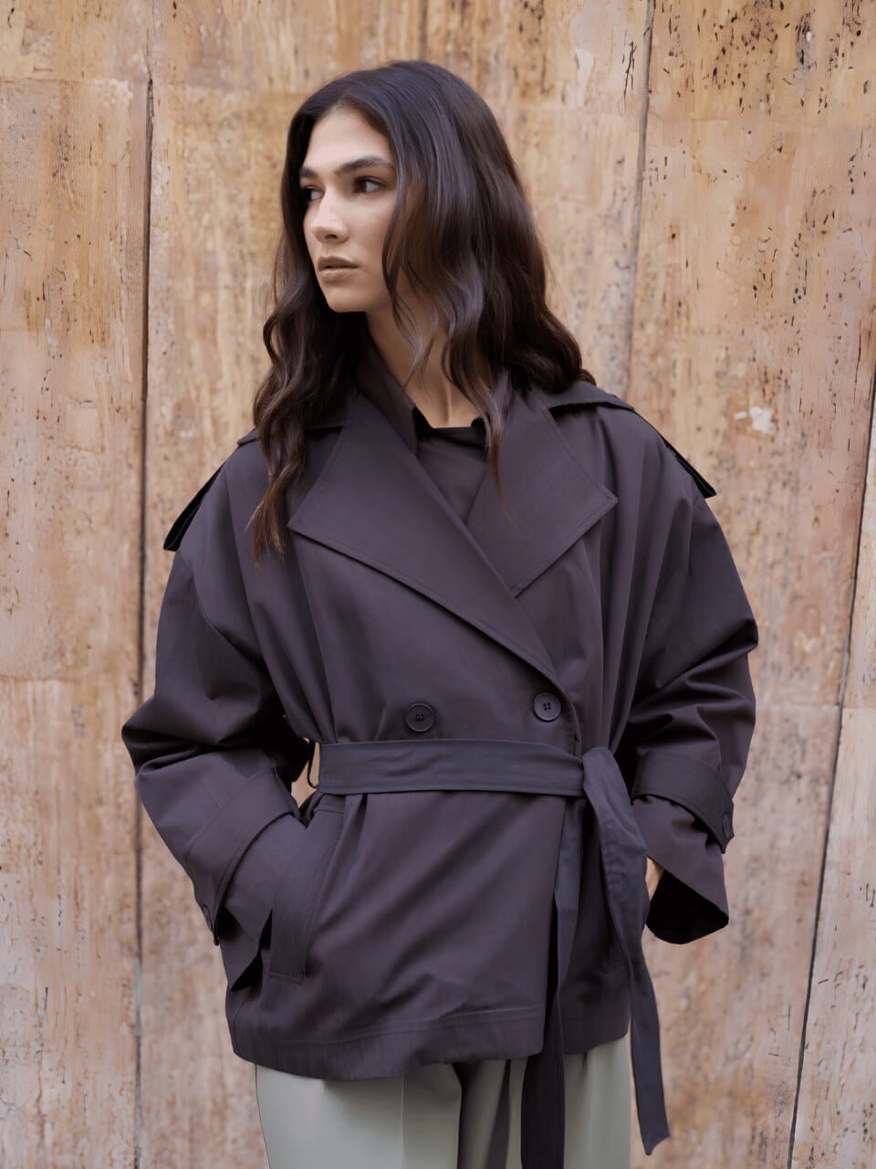 Acı Kahve Oversize Kısa Trençkot
