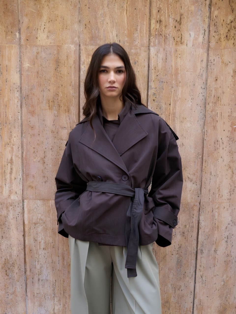 Acı Kahve Oversize Kısa Trençkot