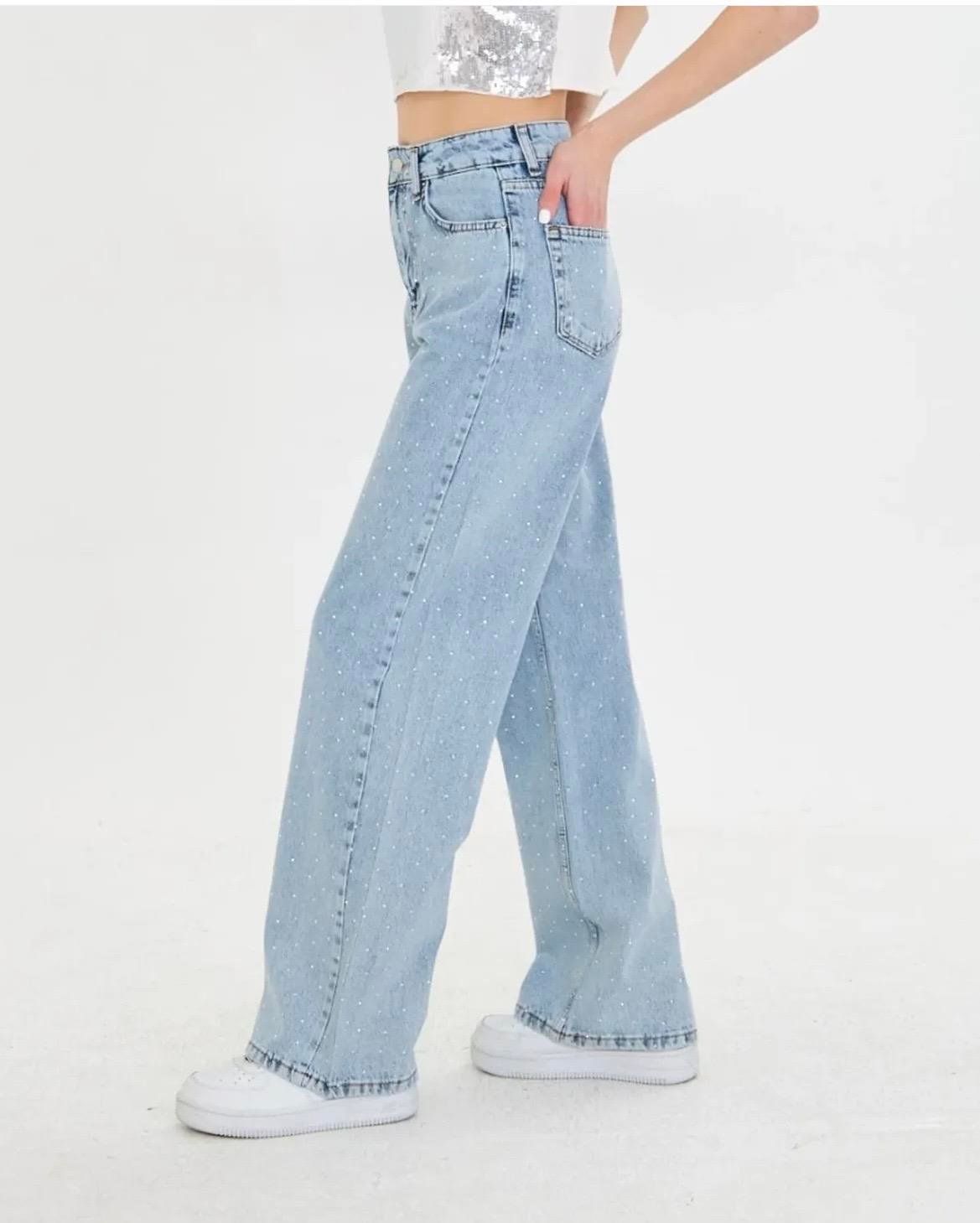 Açık Kar Yıkama Ön Arka Serpme Taşlı Jean Pantolon