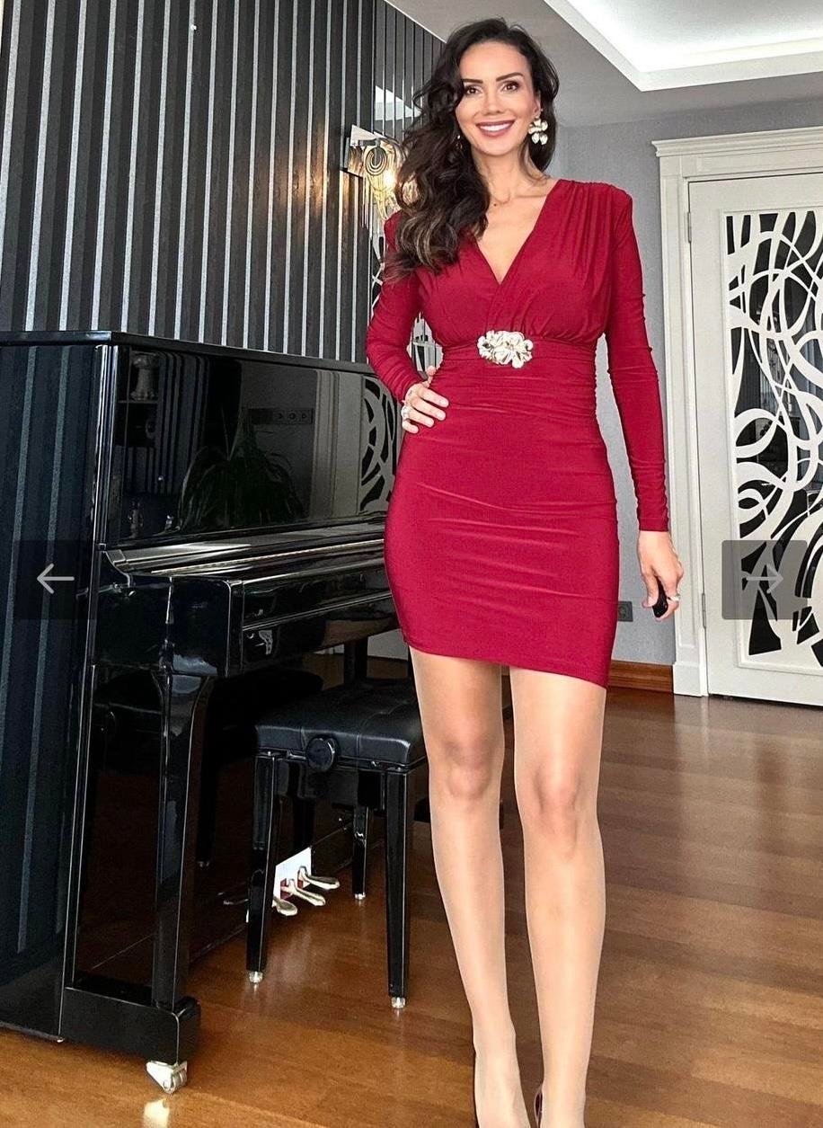Bordo Drapeli Gold Kemer Detaylı Mini Elbise