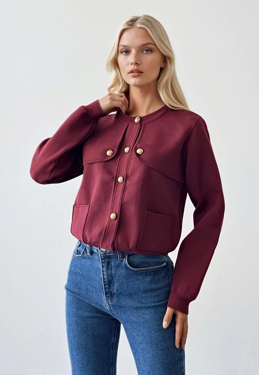 Bordo Gold Düğme Detaylı Çelik Örme Hırka