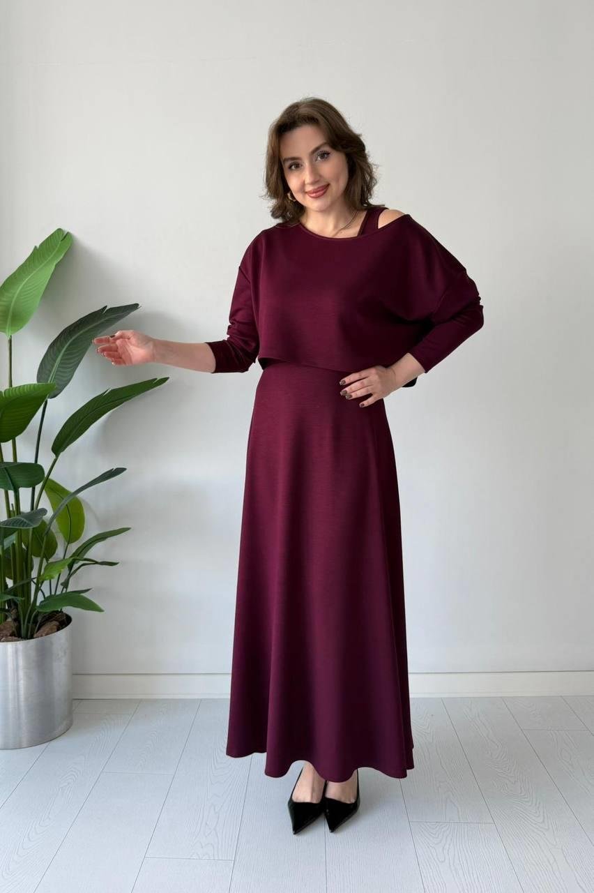 Bordo Modal Kumaş Elbise Bluz İkili Takım 