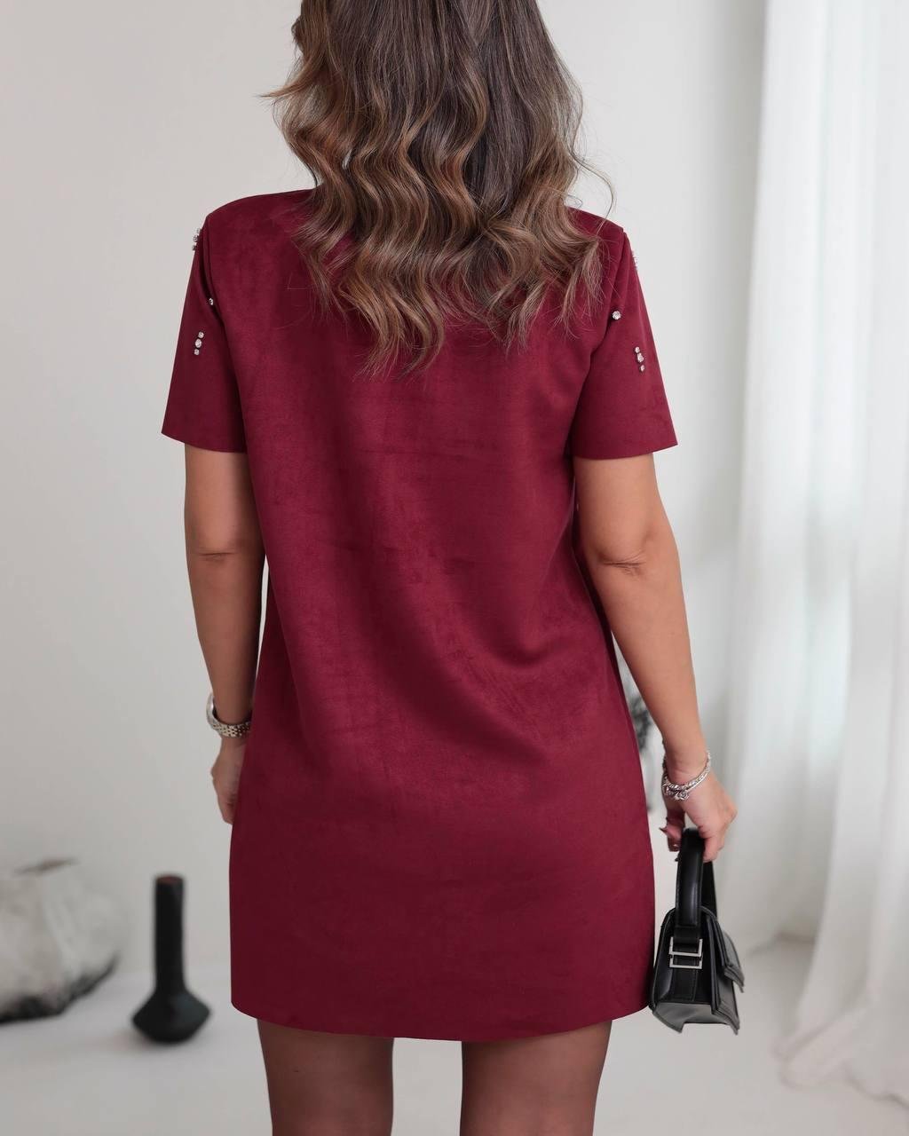 Bordo Taş Detaylı Süet Elbise