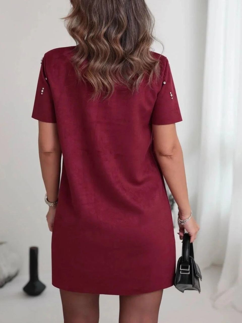 Bordo Taş Detaylı Süet Elbise
