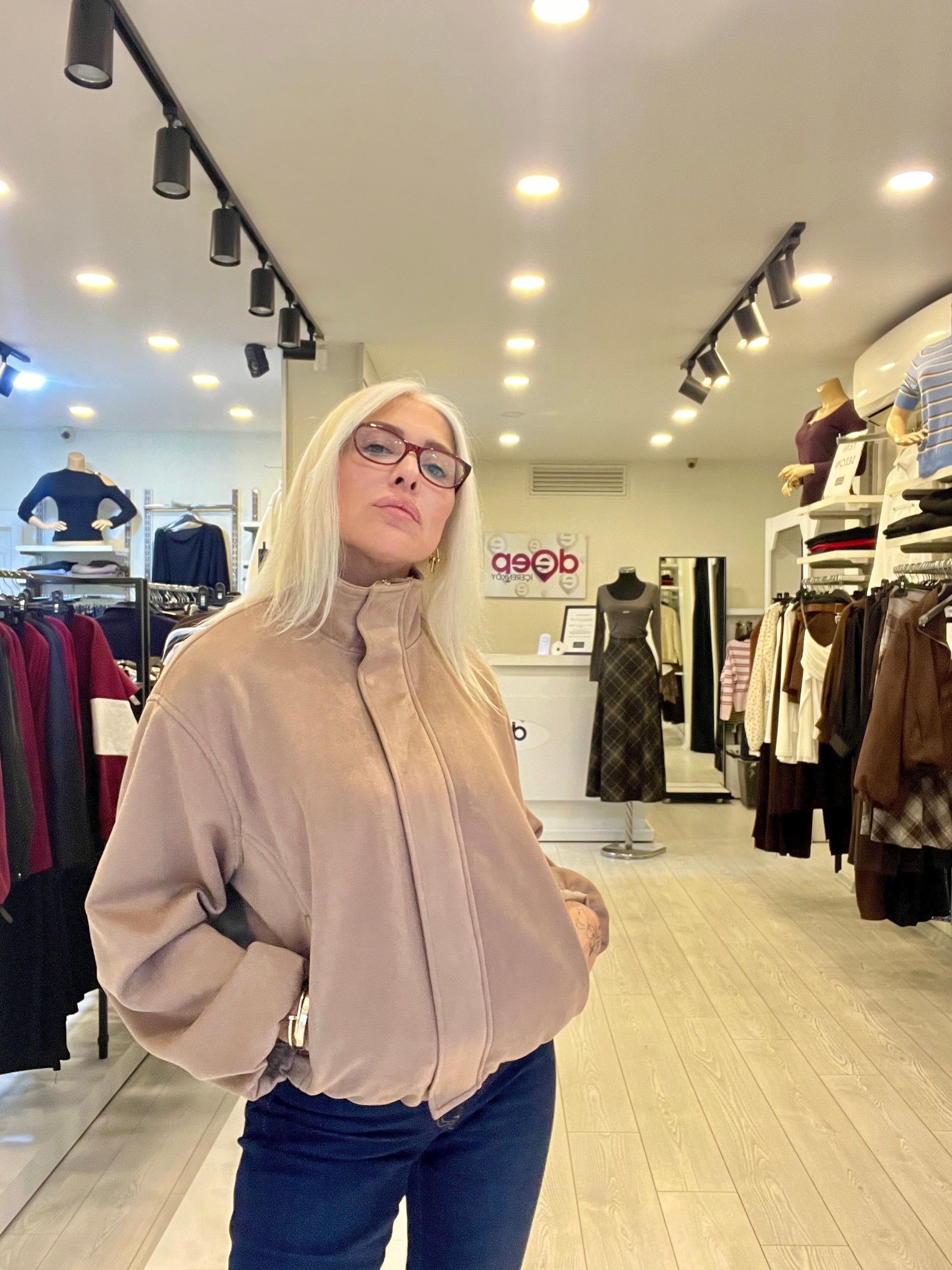 Camel Dik Yakalı Süet Bomber Ceket