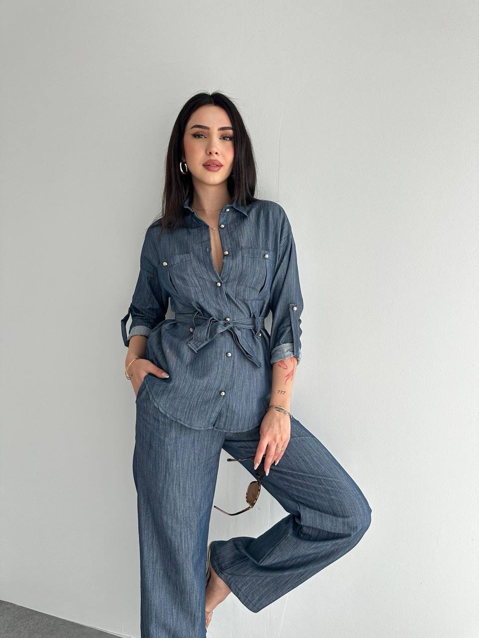 Denim Gold Düğmeli Tensel Takım