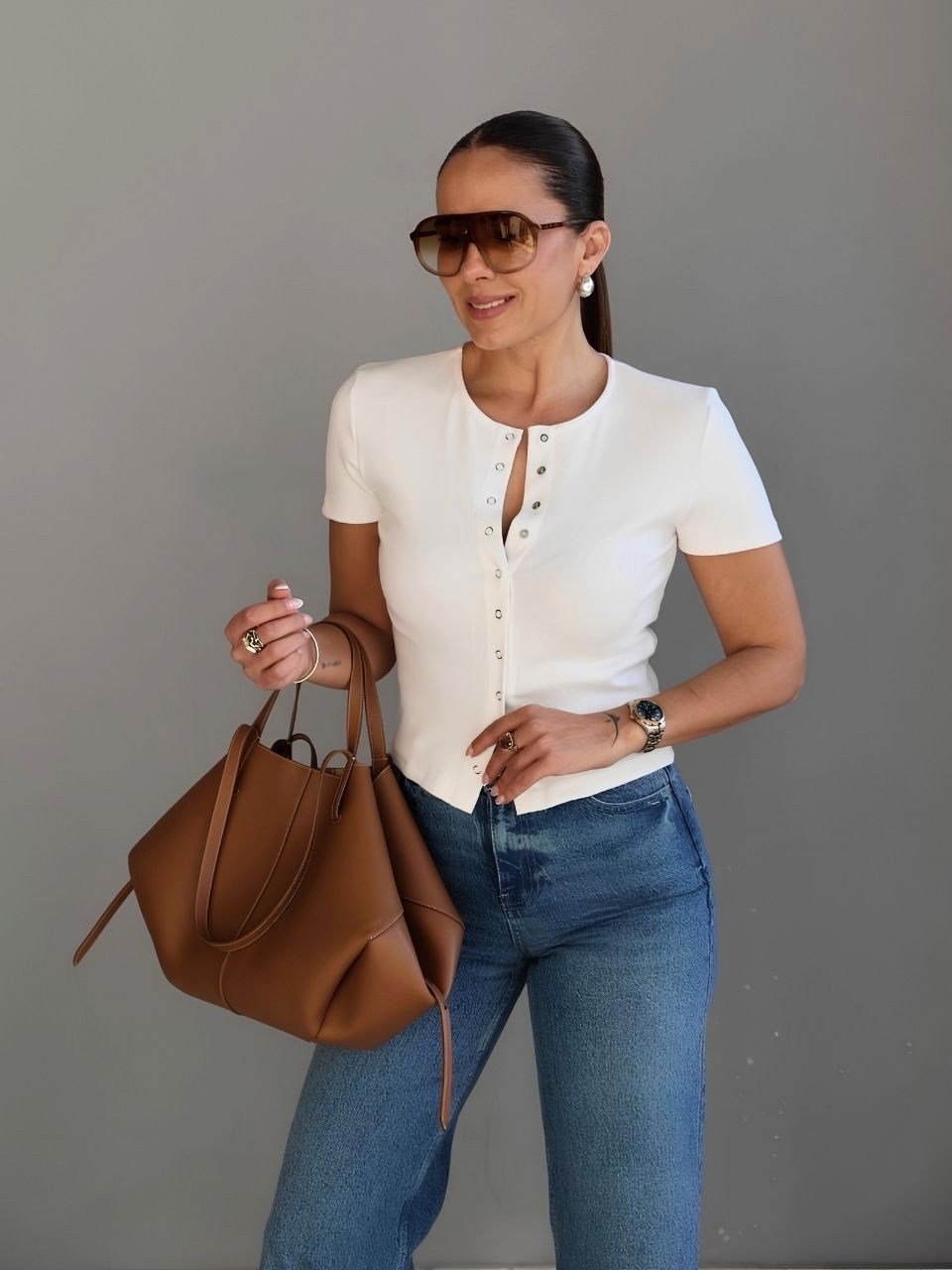 Ekru Çıtçıt Detaylı Kaşkorse Bluz