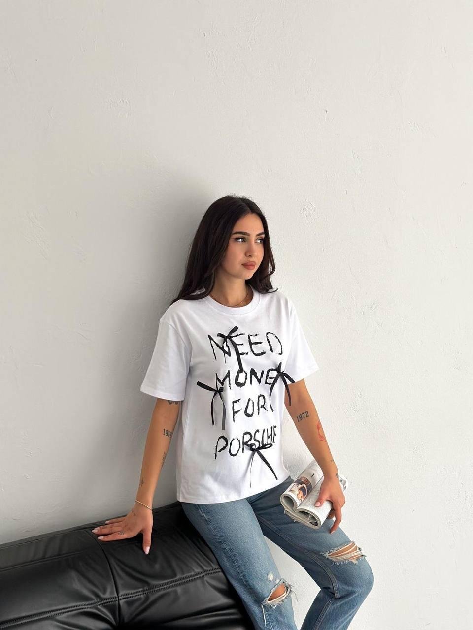 Fiyonklu Need Money Baskılı Oversize T-Shirt