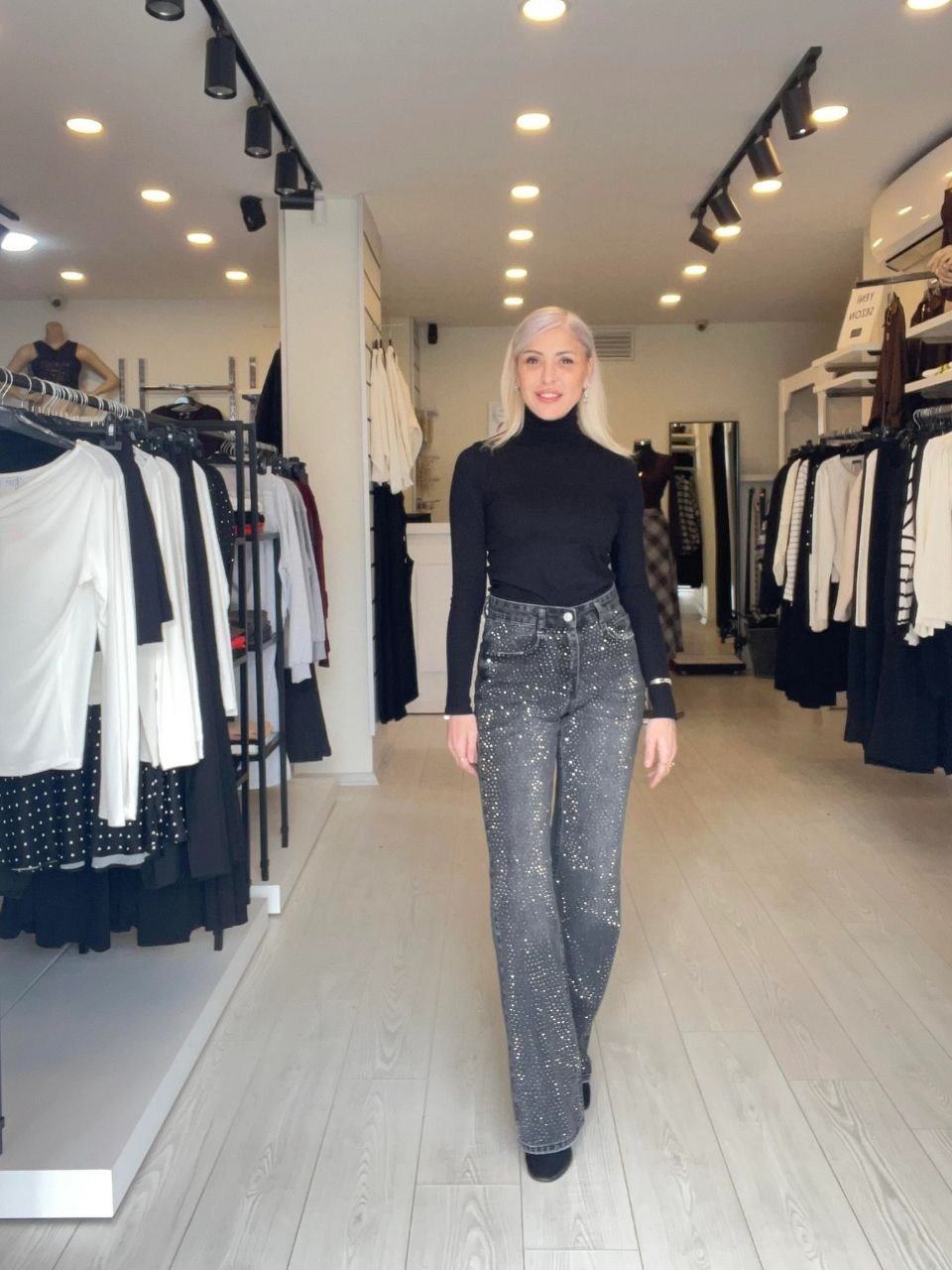 Füme Ön Full Taşlı Wide leg Jean Pantolon