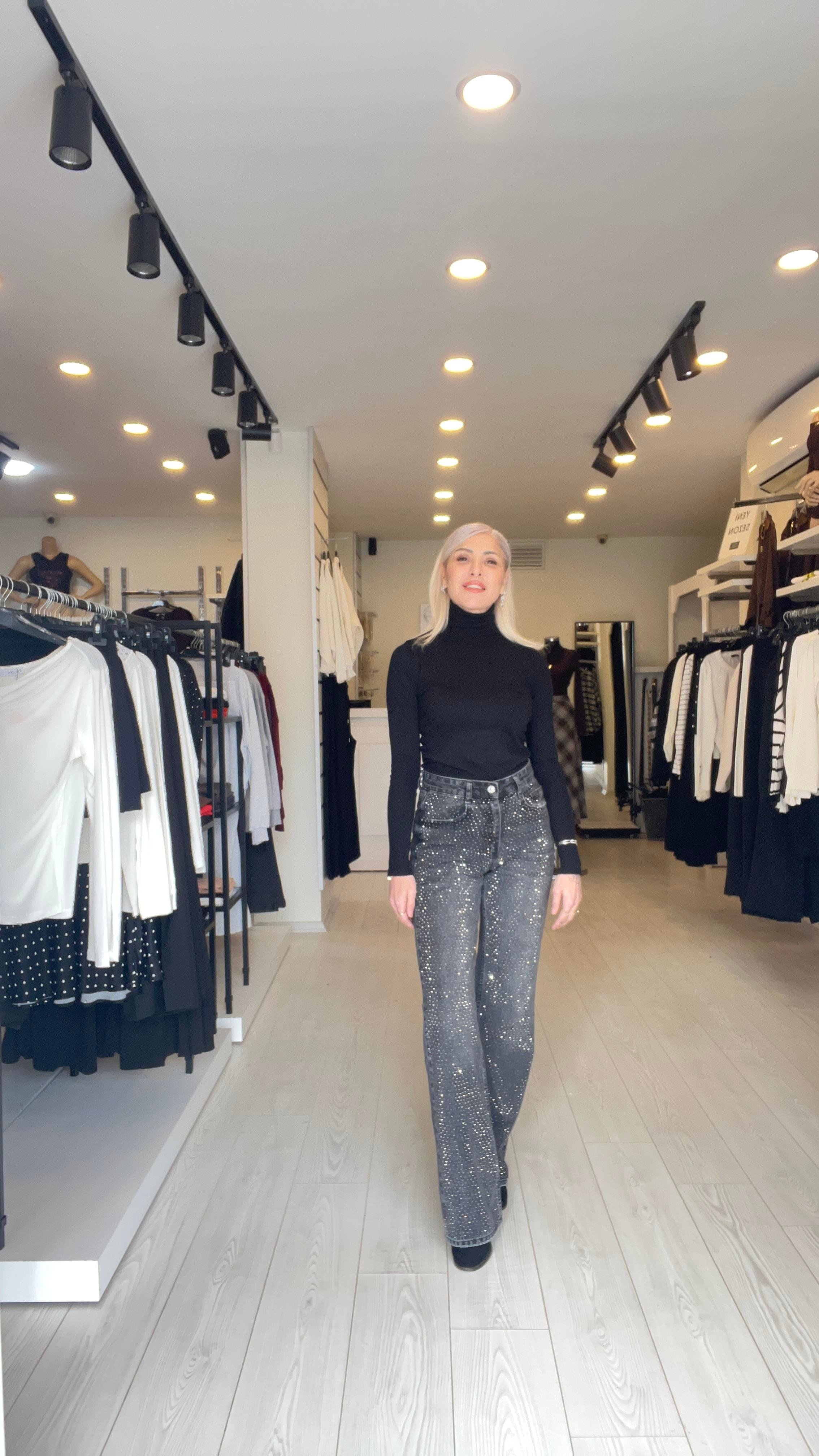 Füme Ön Full Taşlı Wideleg Jean Pantolon