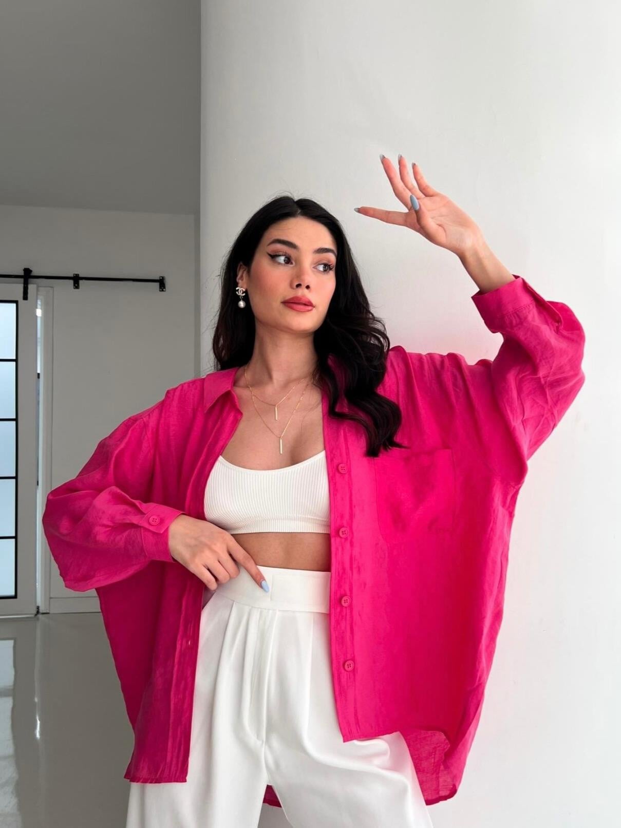 Fuşya Düşük Omuzlu Oversize Gömlek