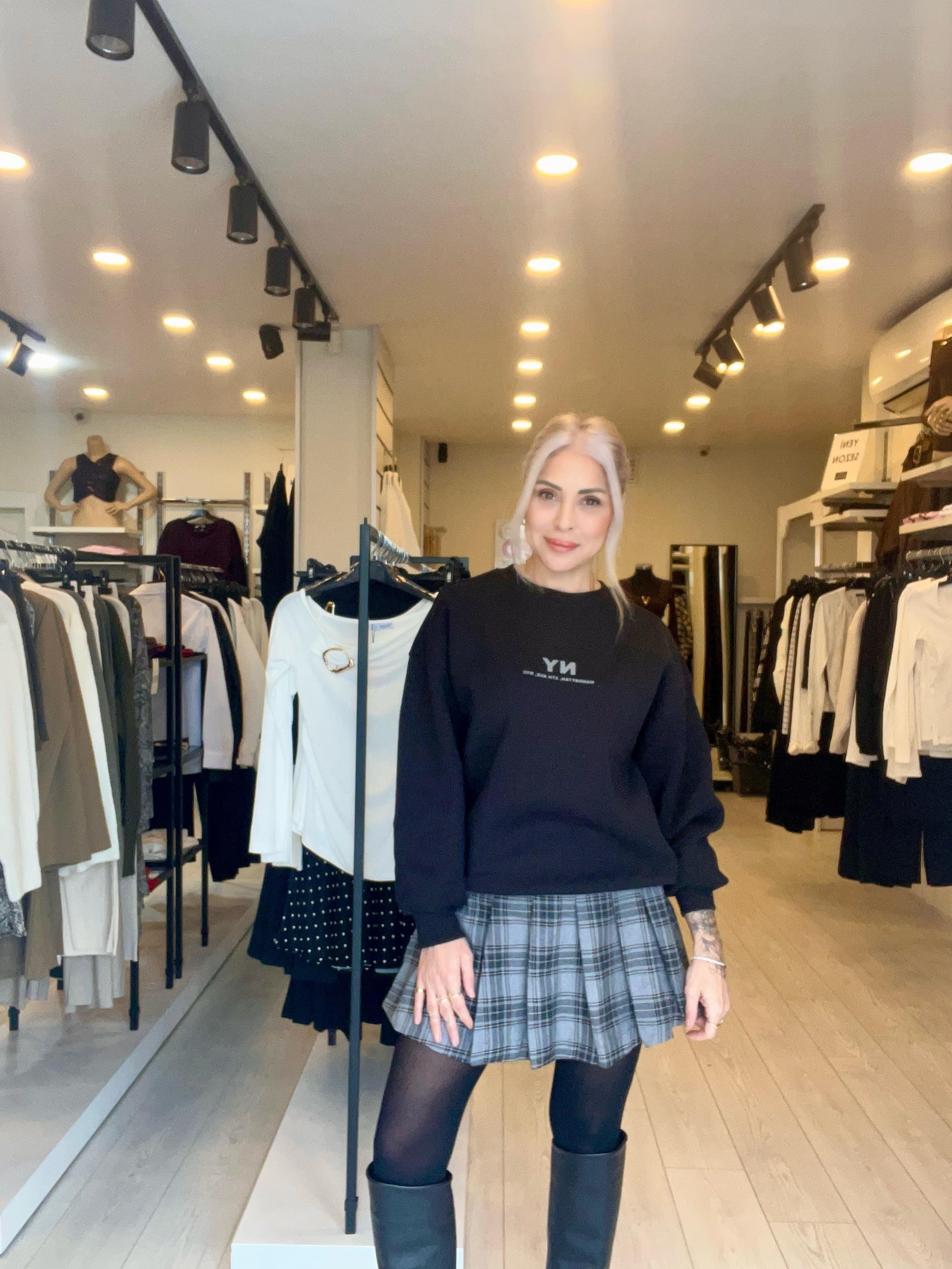 Gri Ekose Desenli Pileli Şort Etek