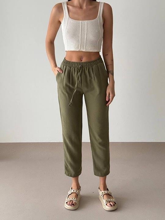 Haki Beli Lastikli Keten Pantolon