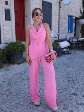 Kabartmalı Kumaş Degaje Yaka Crop Pantolon Takım