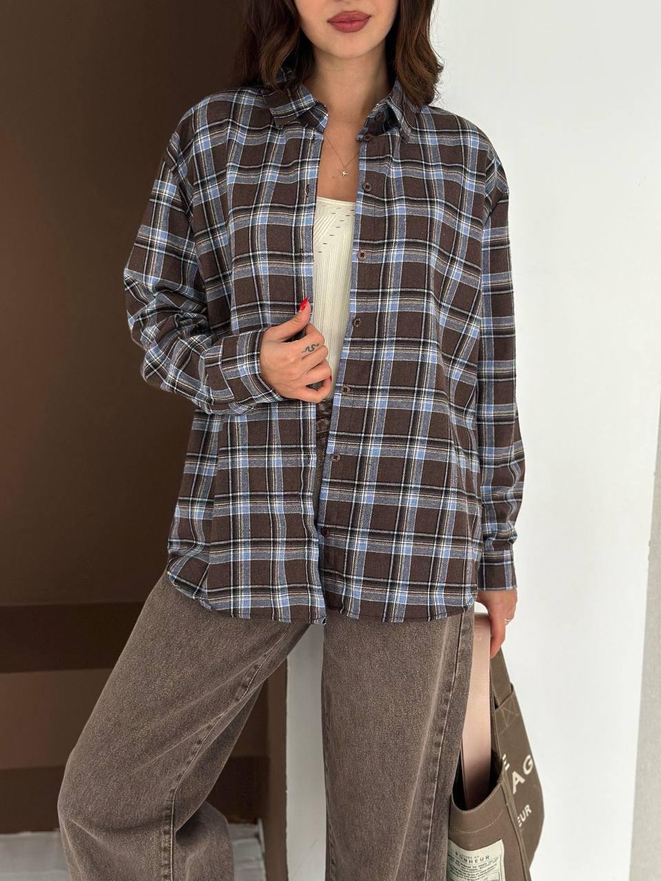 Kahve Ekose Oversize Gömlek