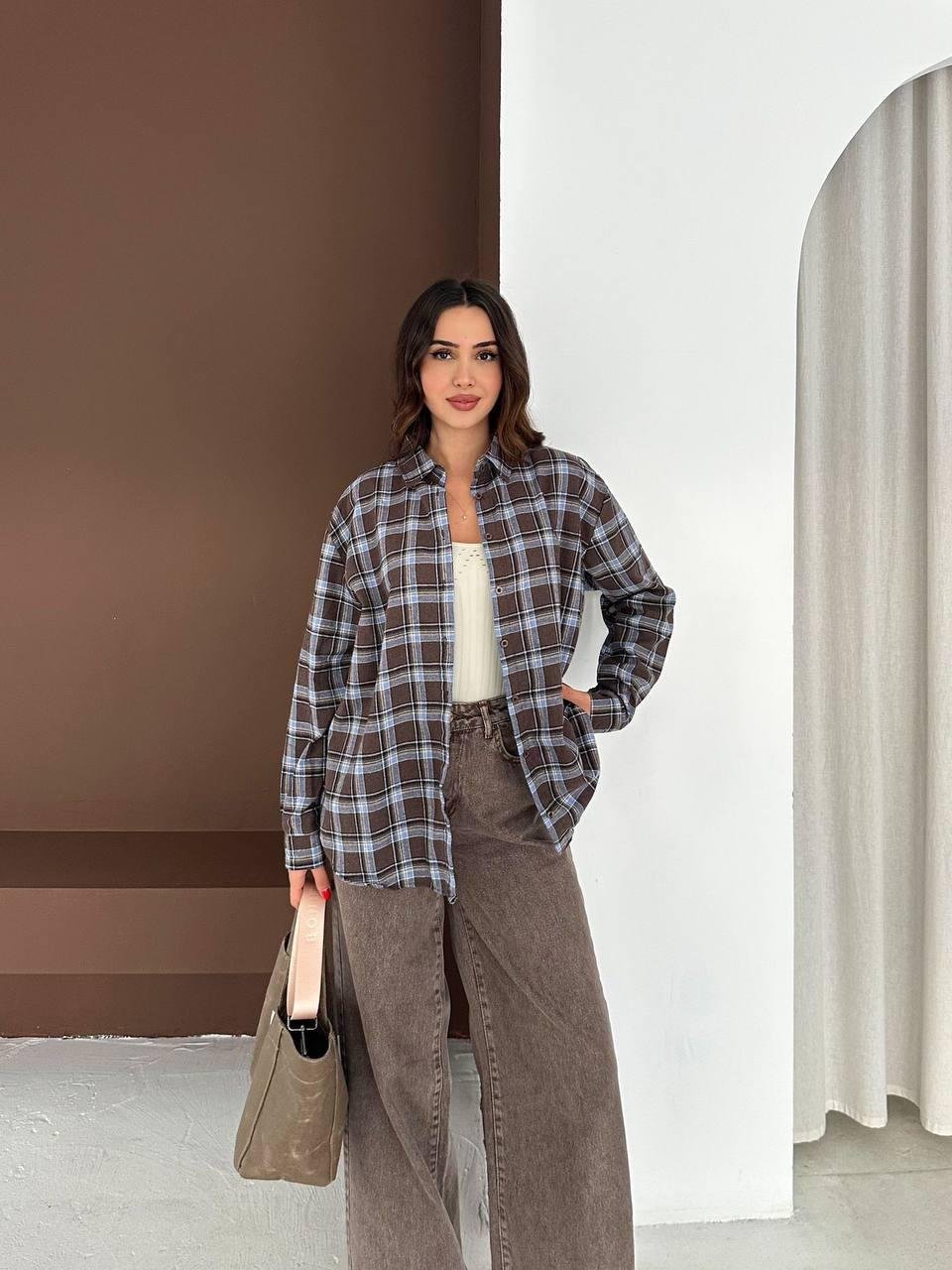 Kahve Ekose Oversize Gömlek