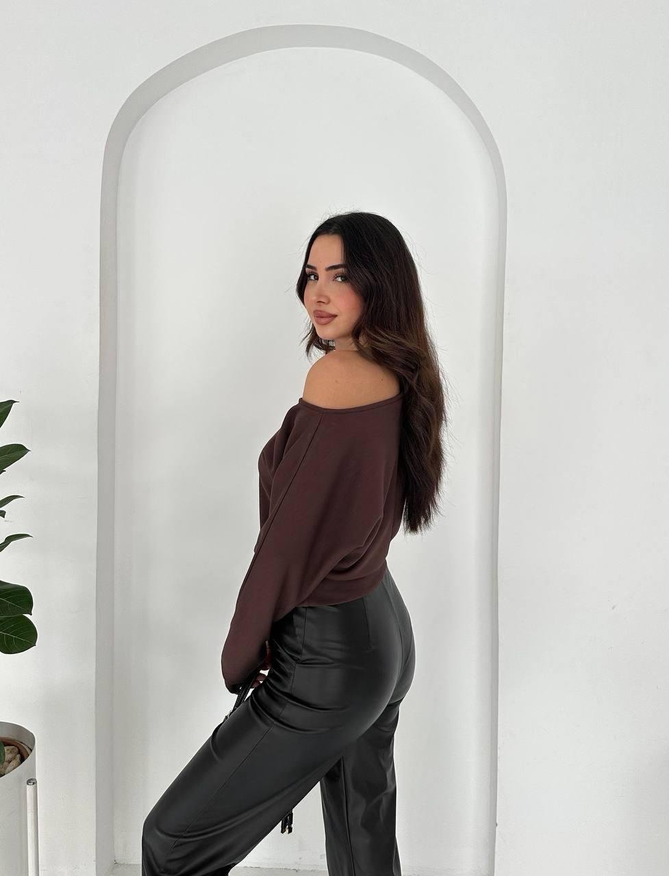 Kahve Kayık Yaka Modal Kumaş Bluz