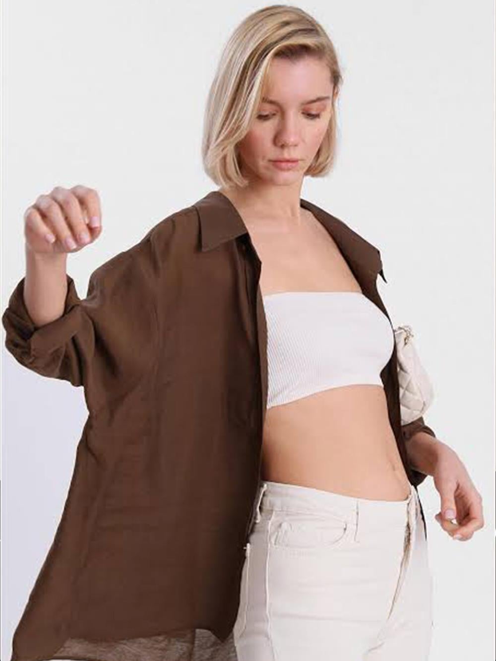 Kahverengi Düşük Omuzlu Oversize Gömlek