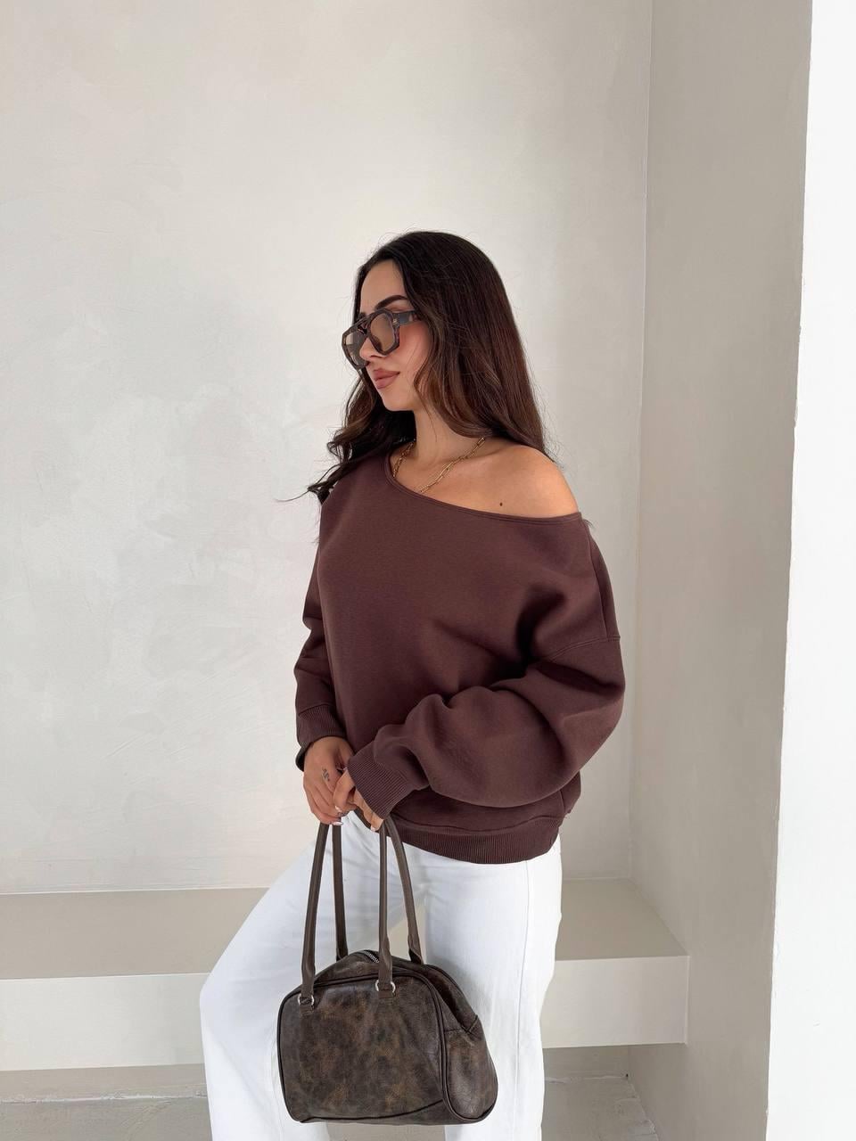 Kahverengi Tek Omuz Sweatshirt 