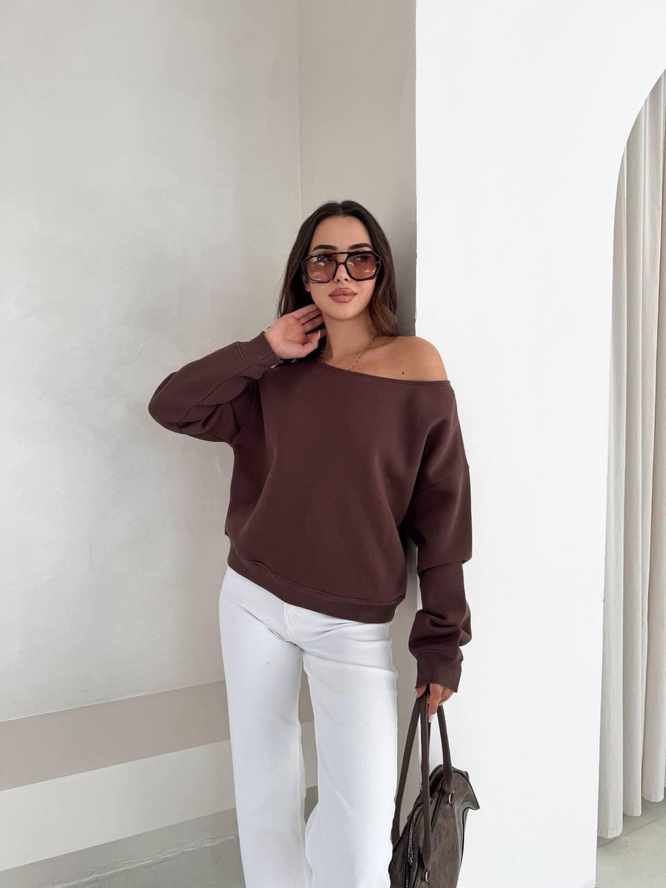 Kahverengi Tek Omuz Sweatshirt 