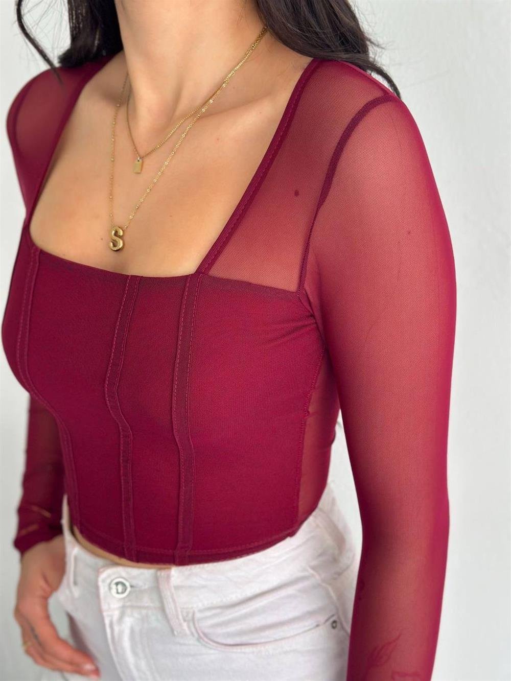 Kare Yakalı Tül Crop