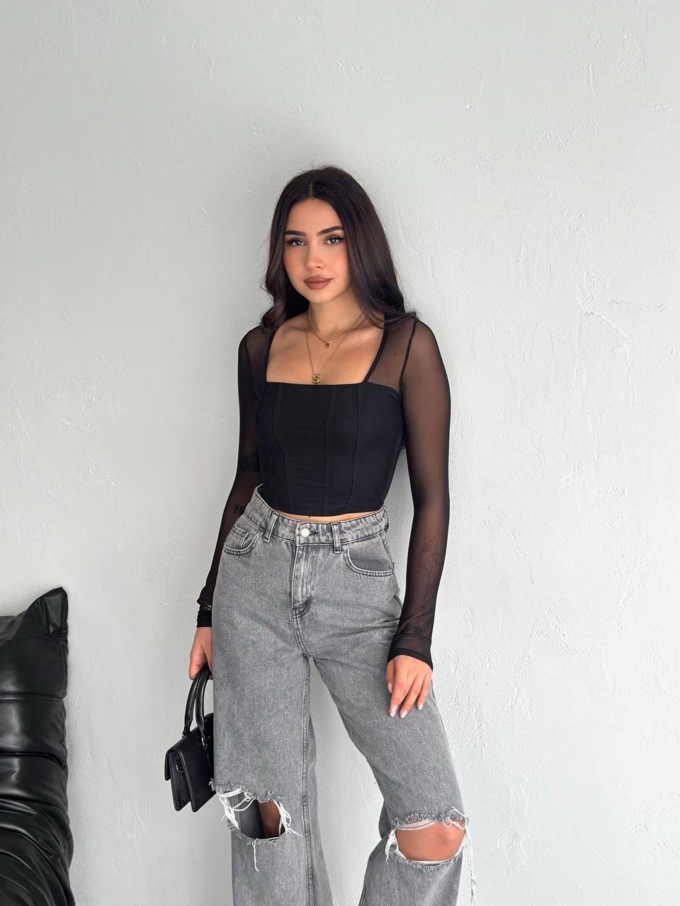 Kare Yakalı Tül Crop