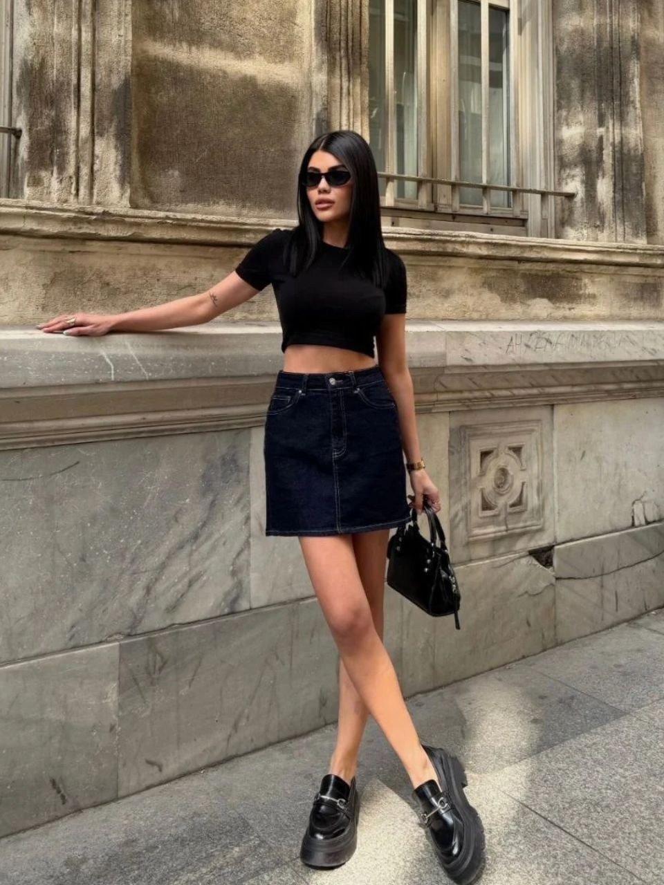 Koyu Lacivert Mini Jean Etek