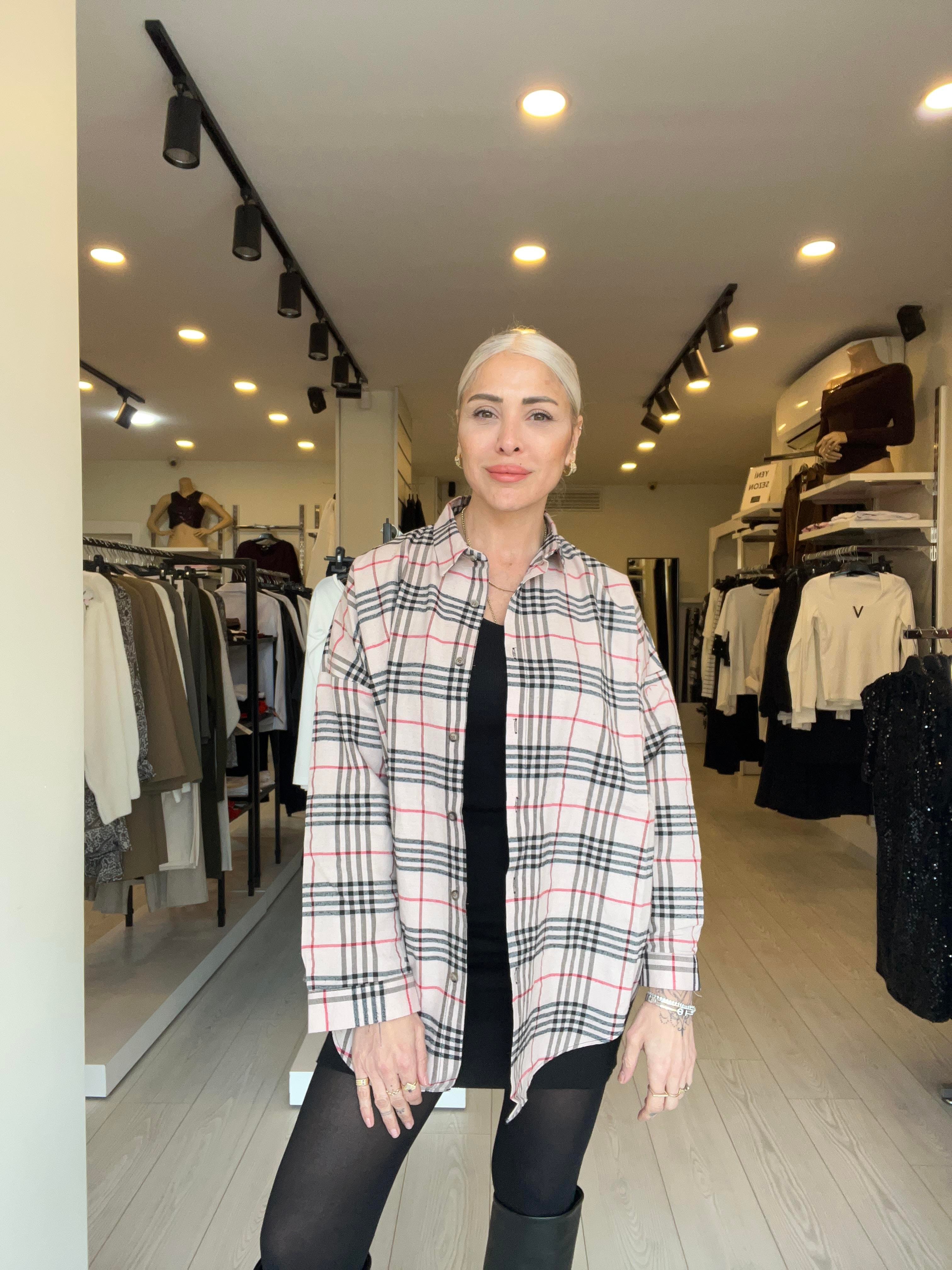 Krem Oversize Ekose Gömlek