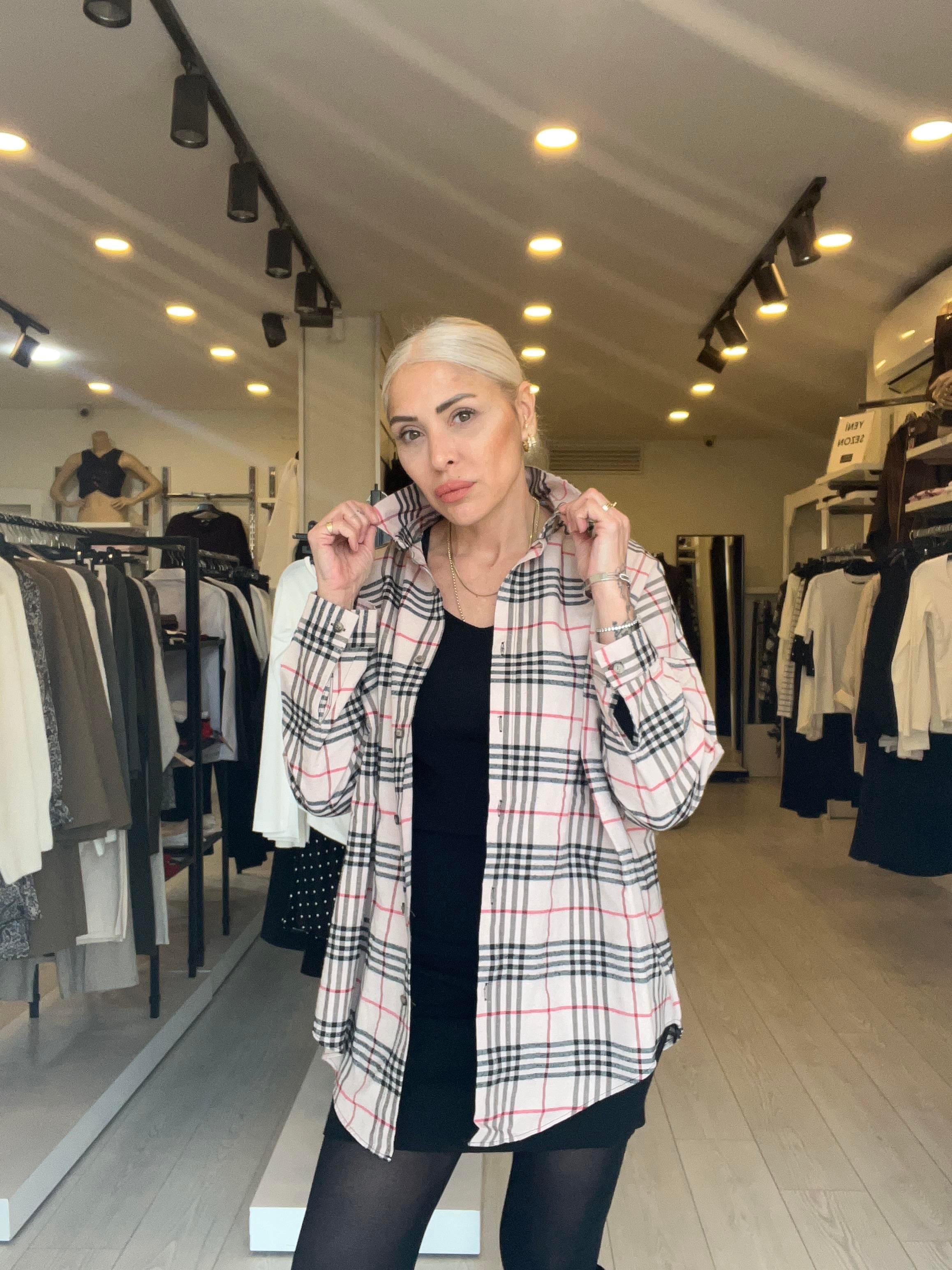 Krem Oversize Ekose Gömlek