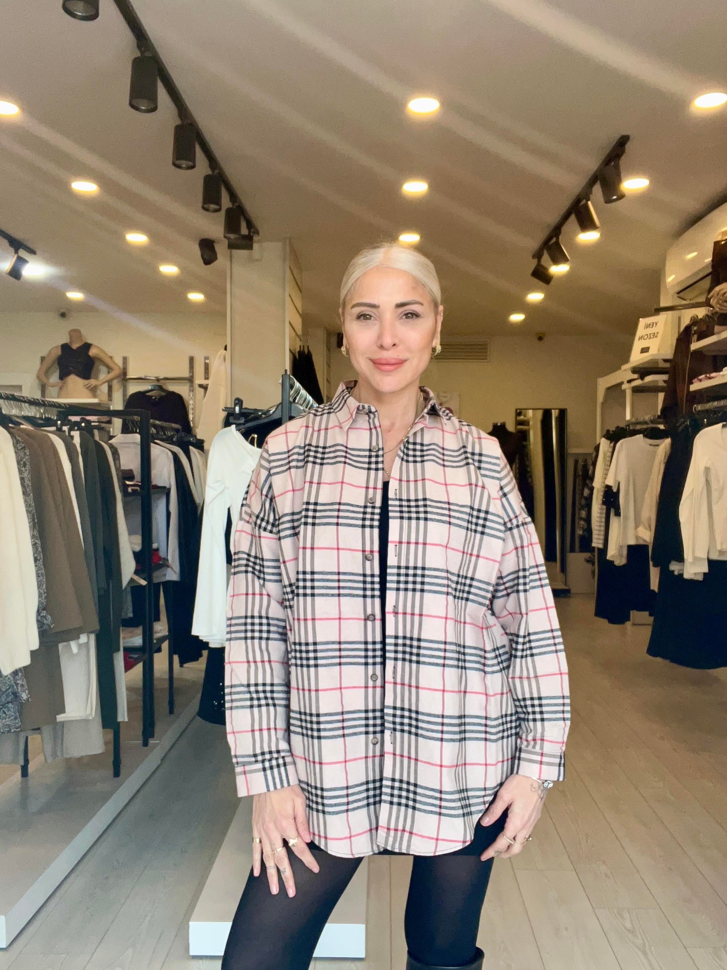 Krem Oversize Ekose Gömlek