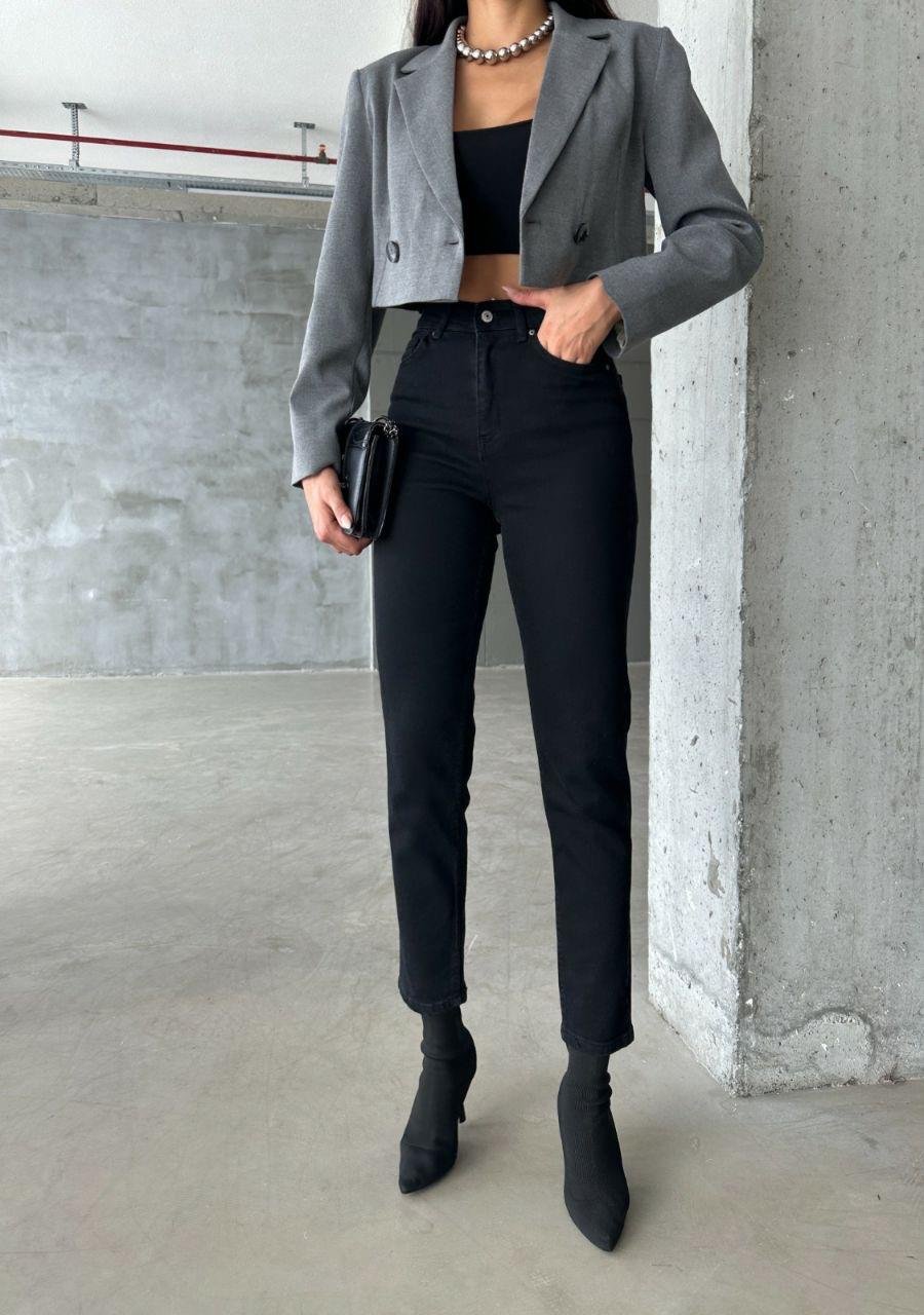 Likralı Yüksek Bel Mom Jean