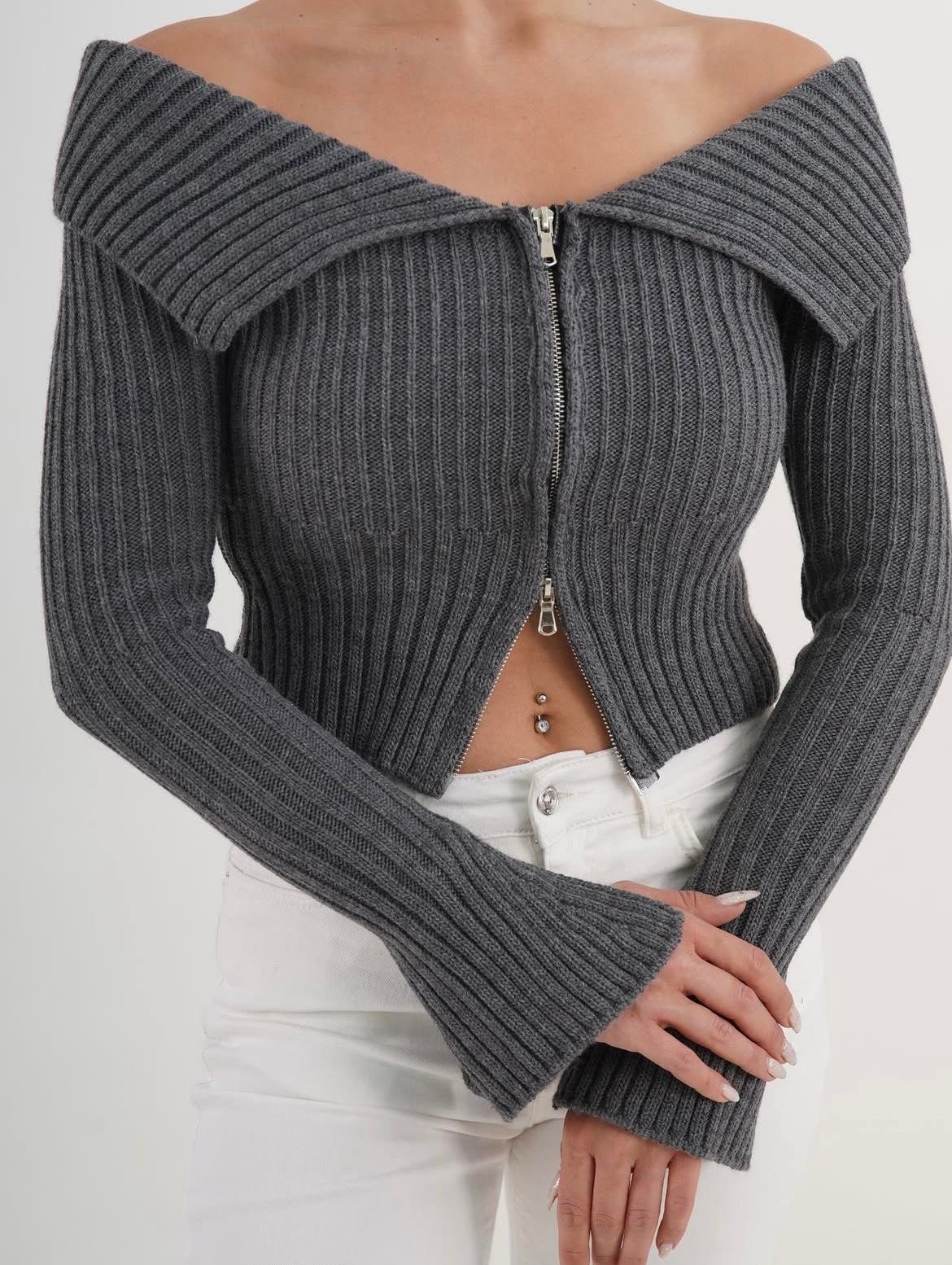 Madonna Yaka Fermuarlı Triko Crop Hırka