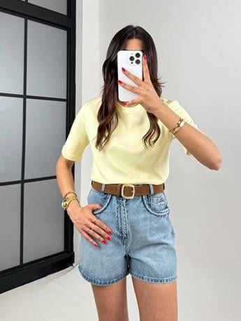 Marka Muadili Bisiklet Yaka Basic Limon Sarısı T-Shirt