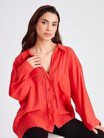 Nar Çiçeği Düşük Omuzlu Oversize Gömlek