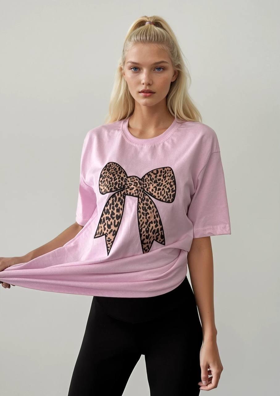 Pembe Bisiklet Yaka Leopar Fiyonklu T-Shirt