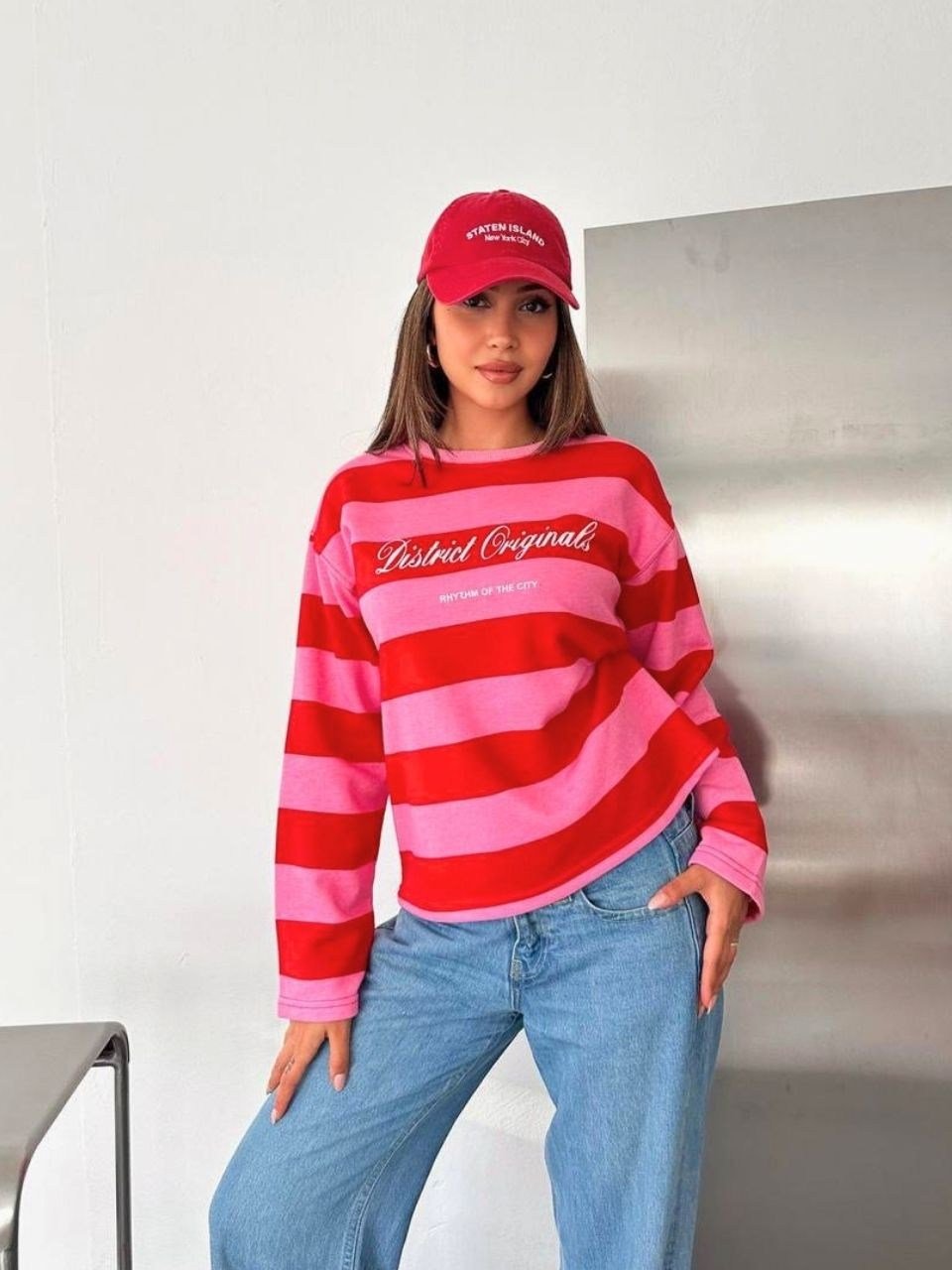 Pembe Çizgili District Original Baskılı Sweatshirt