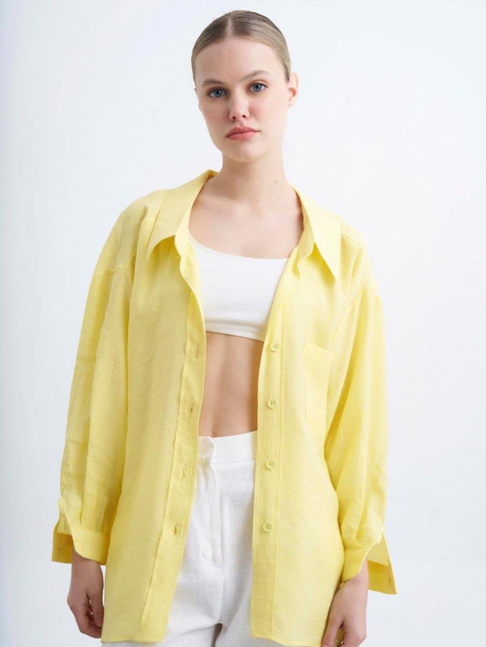 Sarı Düşük Omuzlu Oversize Gömlek