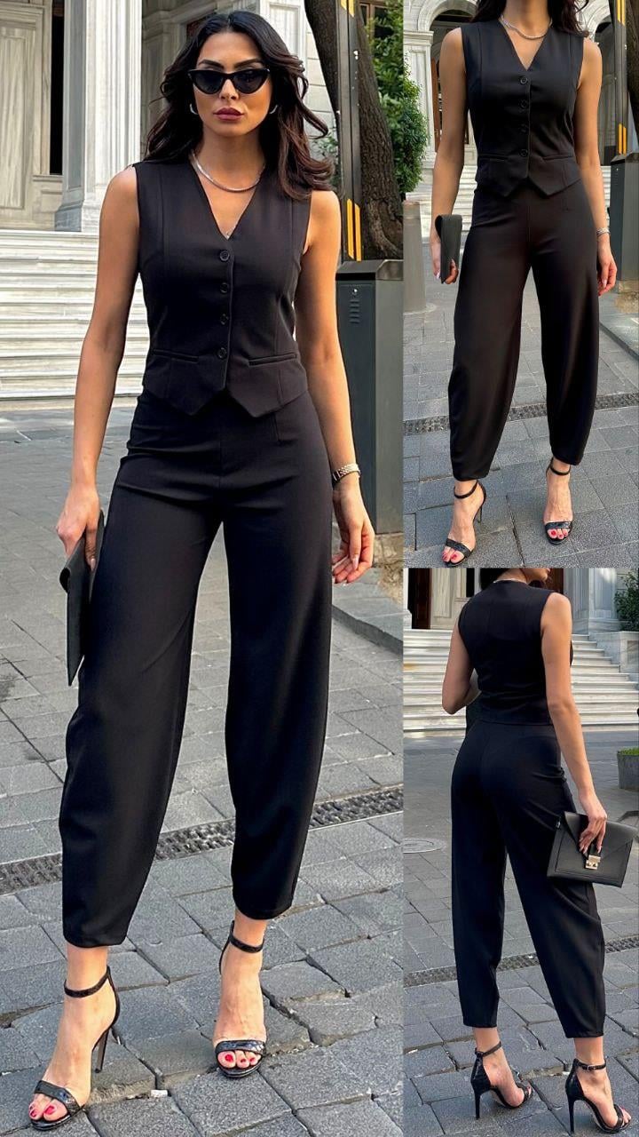 Siyah Beli Lastikli Full Likralı Balon Pantolon