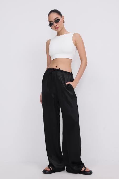Siyah Beli Lastikli Simli Saten Pantolon