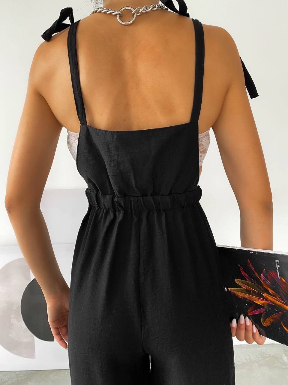 Siyah Halka Detaylı Keten Tulum
