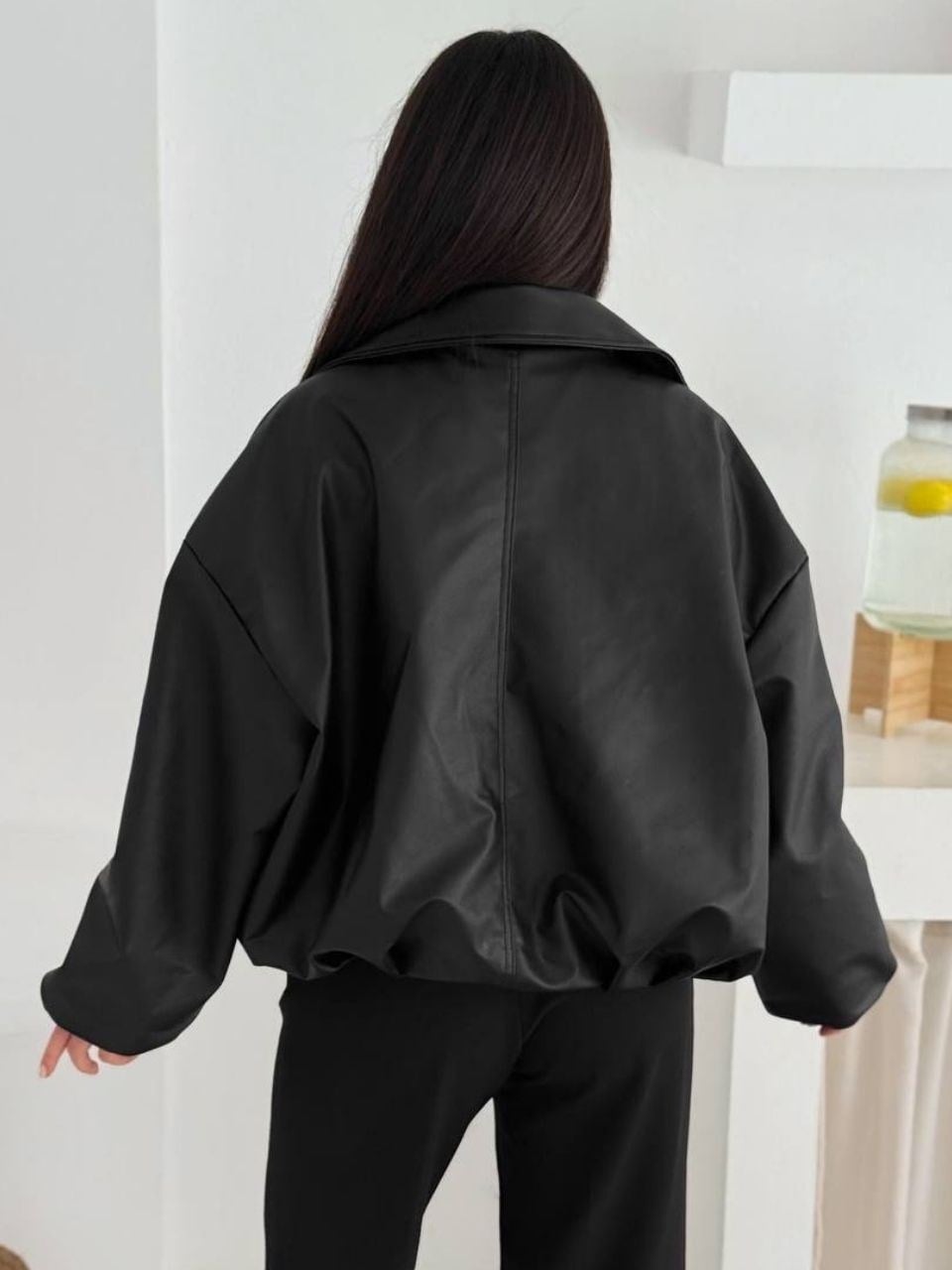 Siyah Kemerli Yarasa Kol Oversize Deri Ceket