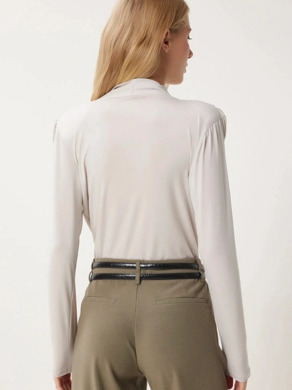 Taş Rengi Vatkalı Kruvaze Yaka Bodysuit