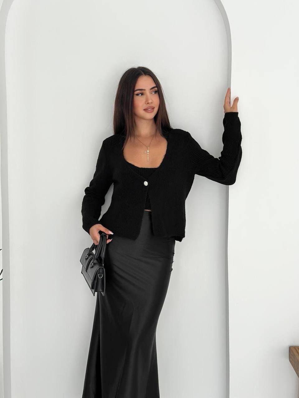 Taşlı Düğme Detaylı Triko Atlet/Hırka Takım